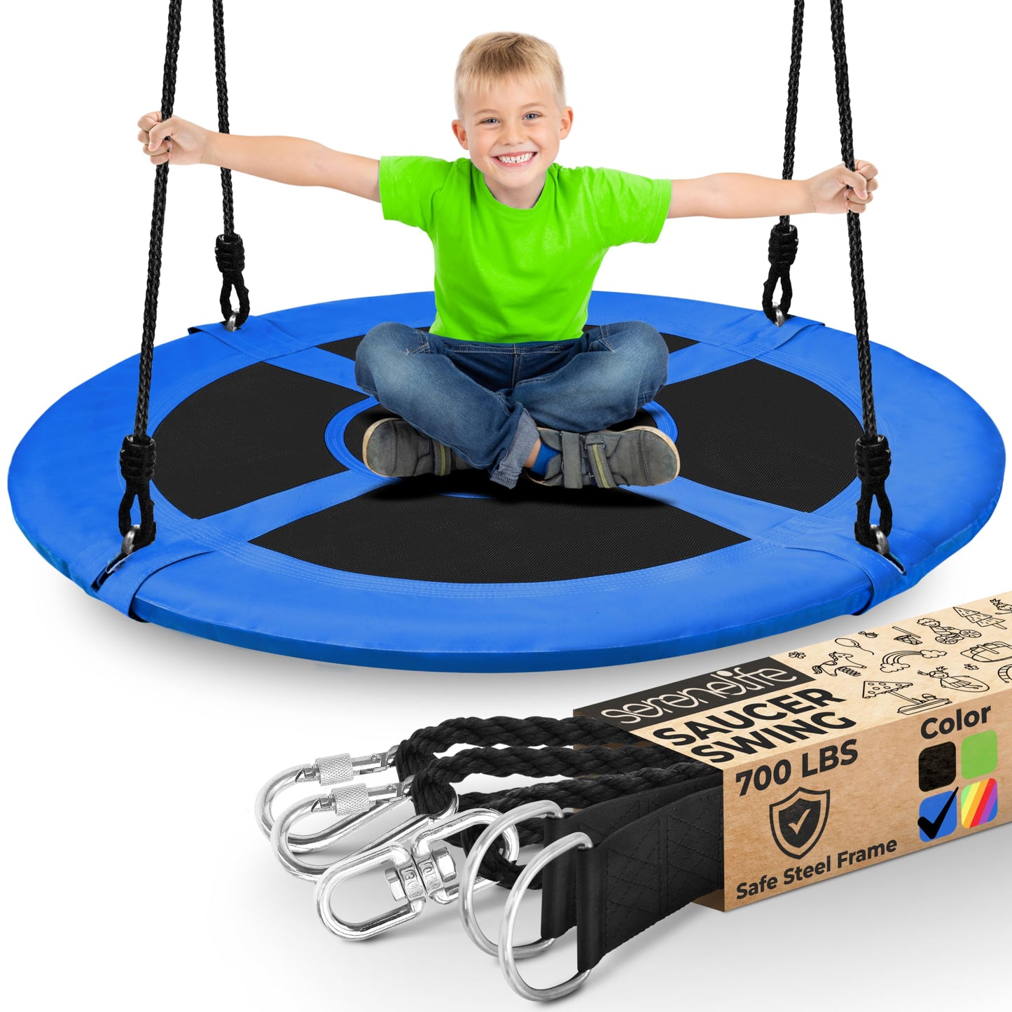 SereneLife Saucer Swing with Tree Hang Kit, 40” Outdoor Tree Swing, 2 Adjustable Hanging Rope Straps and Center Swivel Spinner for Kids (Blue)