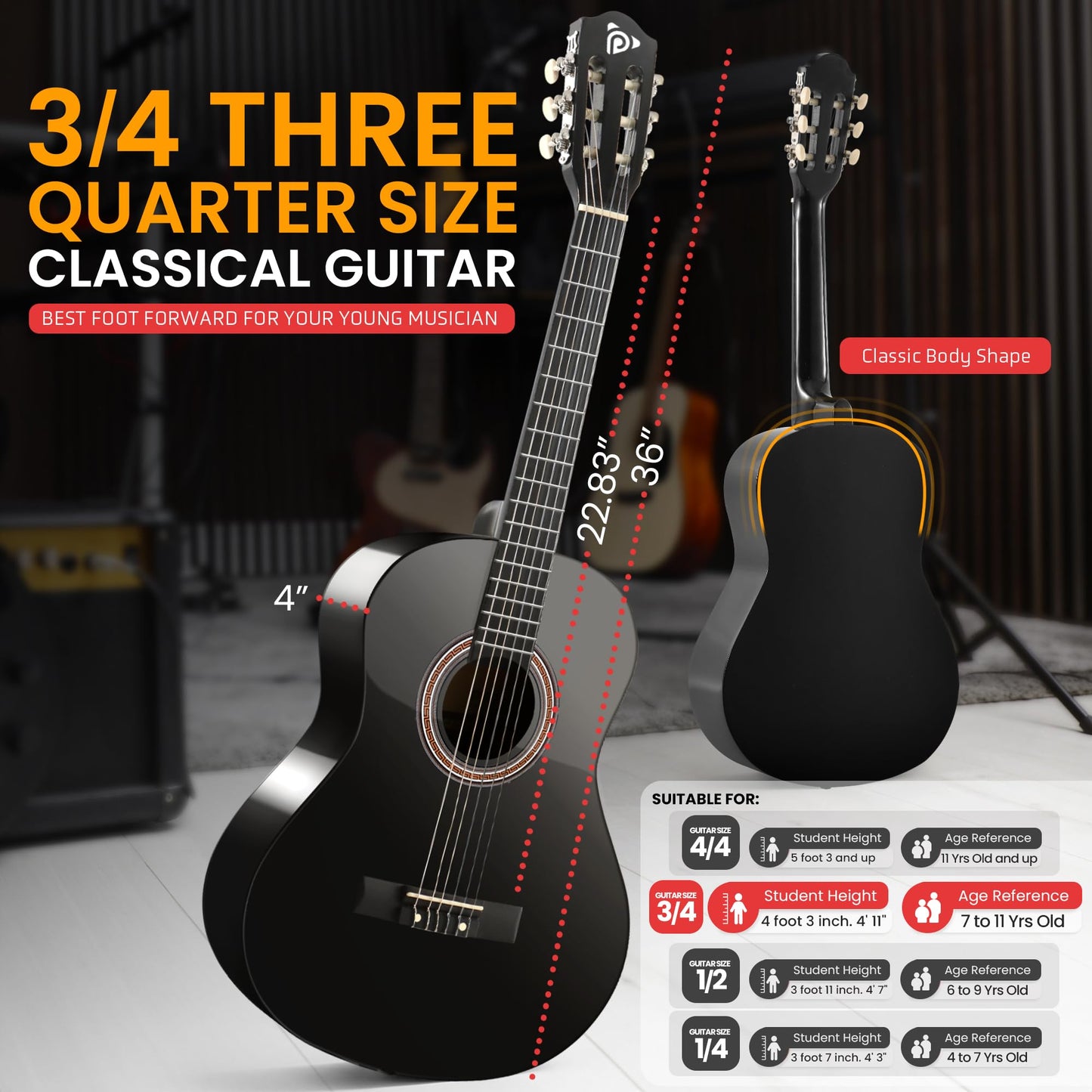 Pyle Beginner Acoustic Guitar Kit, 3/4 Junior Size Instrument for Kids, Adults, 36" Black gloss