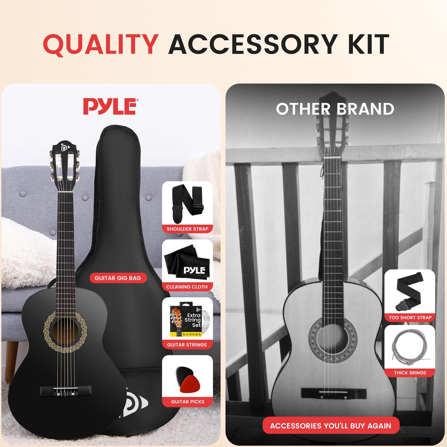 Pyle Beginner Acoustic Guitar Kit, 1/4 Junior Size All Wood Instrument for Adults, Kids, 30" Black Matte