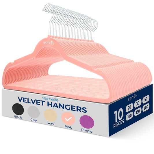 SereneLife 10-Pack Velvet Hangers – Heavy-Duty Non-Slip Clothes Hangers with 360° Swivel Hook, Ultra-Slim Space-Saving Design for Shirts, Coats, Dresses & More (Pink)