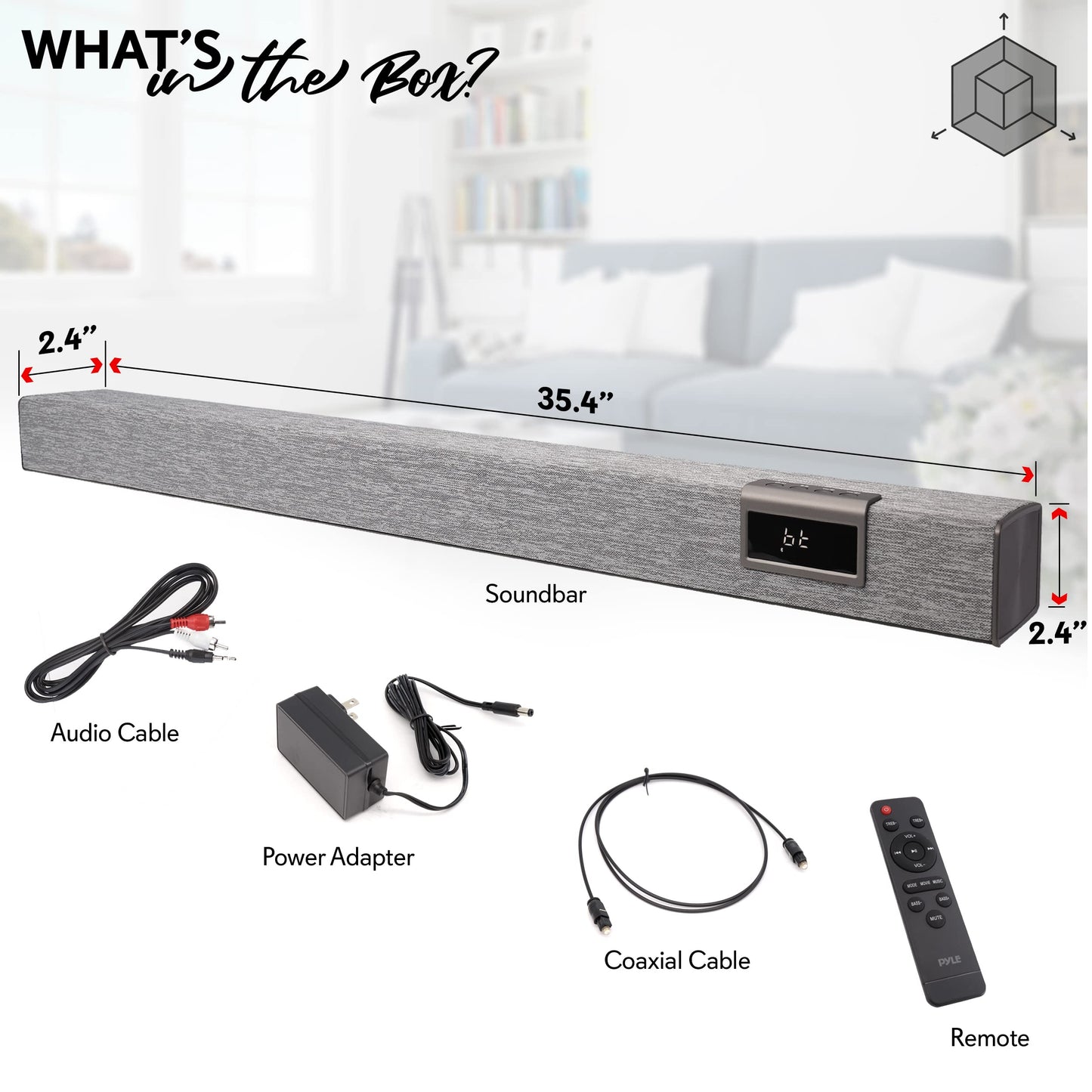 PyleUsa Home Bluetooth Audio Sound bar Stylish, 60W 35" for TV, Supports 4K & HDMI TV's, Optical, COAXIAL, AUX, w/Remote Control,Coaxial & RCA Cables,Class D Digital Stereo Power Amplifier - PSBV40BT