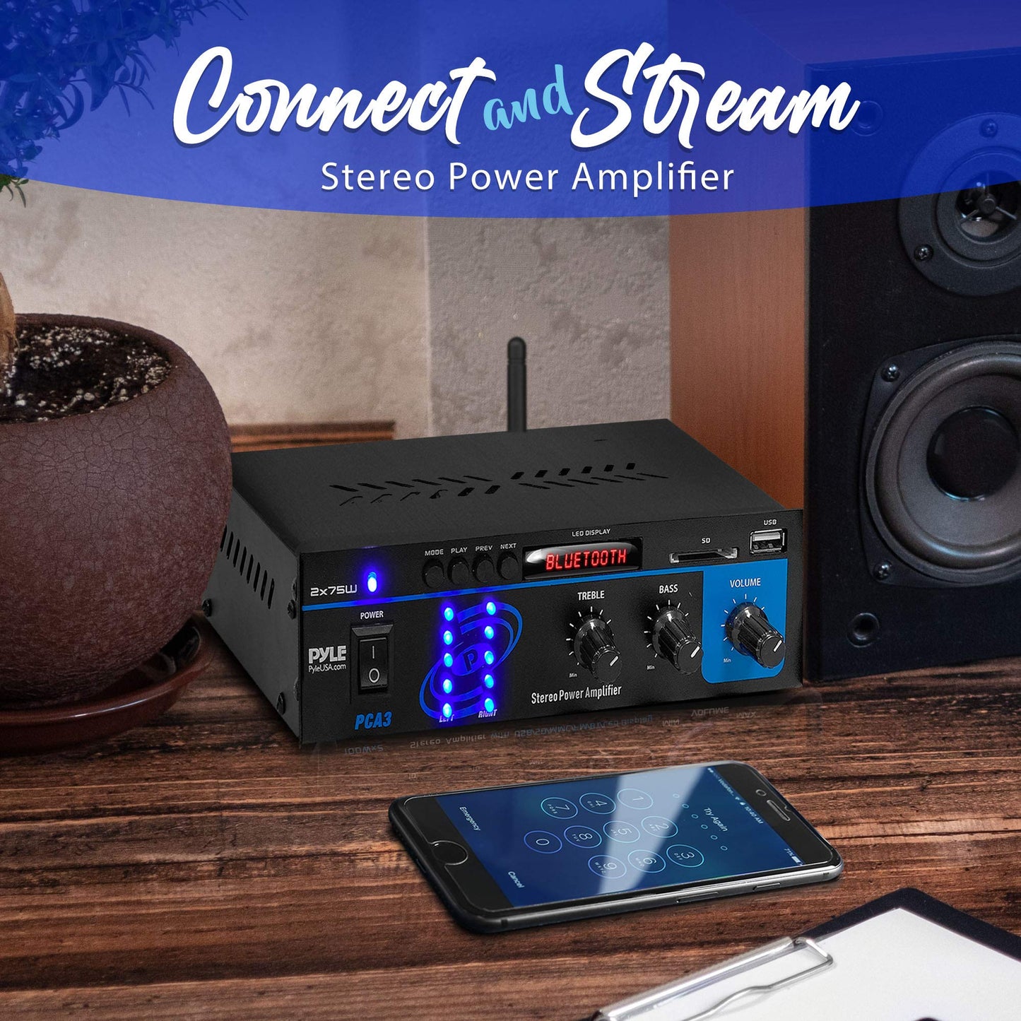 Pyle Home Audio Power Amplifier System – 2X75W Mini Dual Channel Bluetooth Stereo Receiver Box with LED – Amplified Speakers, CD Player, Theater via 3.5mm RCA – For Studio, Home Use