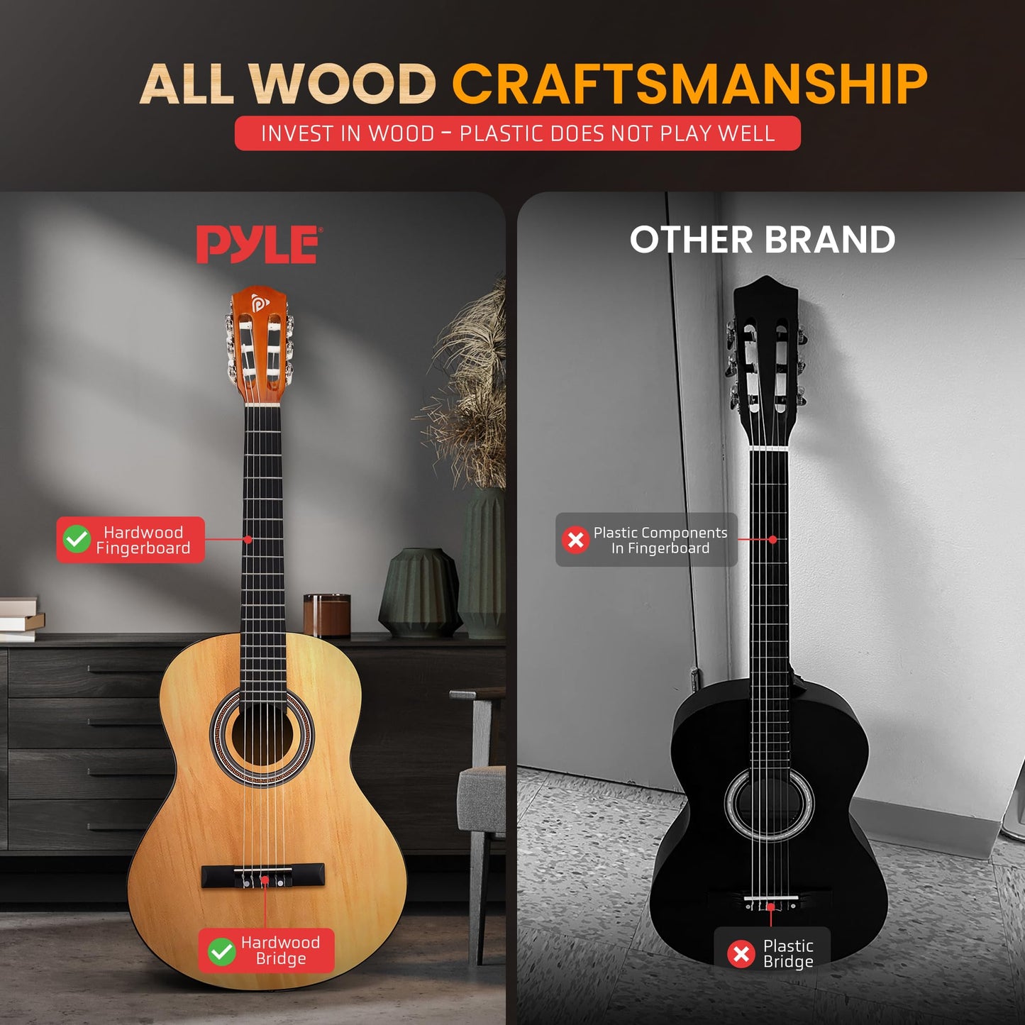 Pyle Beginner 6 String Acoustic Guitar Kit, 1/4 Junior Size Classical Instrument for Students, 30" Natural Gloss
