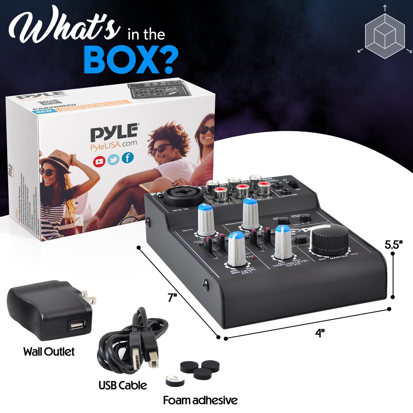 Pyle 5-Channel Audio Mixer - DJ Sound Controller with USB Soundcard for PC Recording - XLR/3.5mm Mic Jack - 18V Phantom Power - RCA Inputs/Outputs - 2-Band EQ - Low Noise Design - PAD20MXU