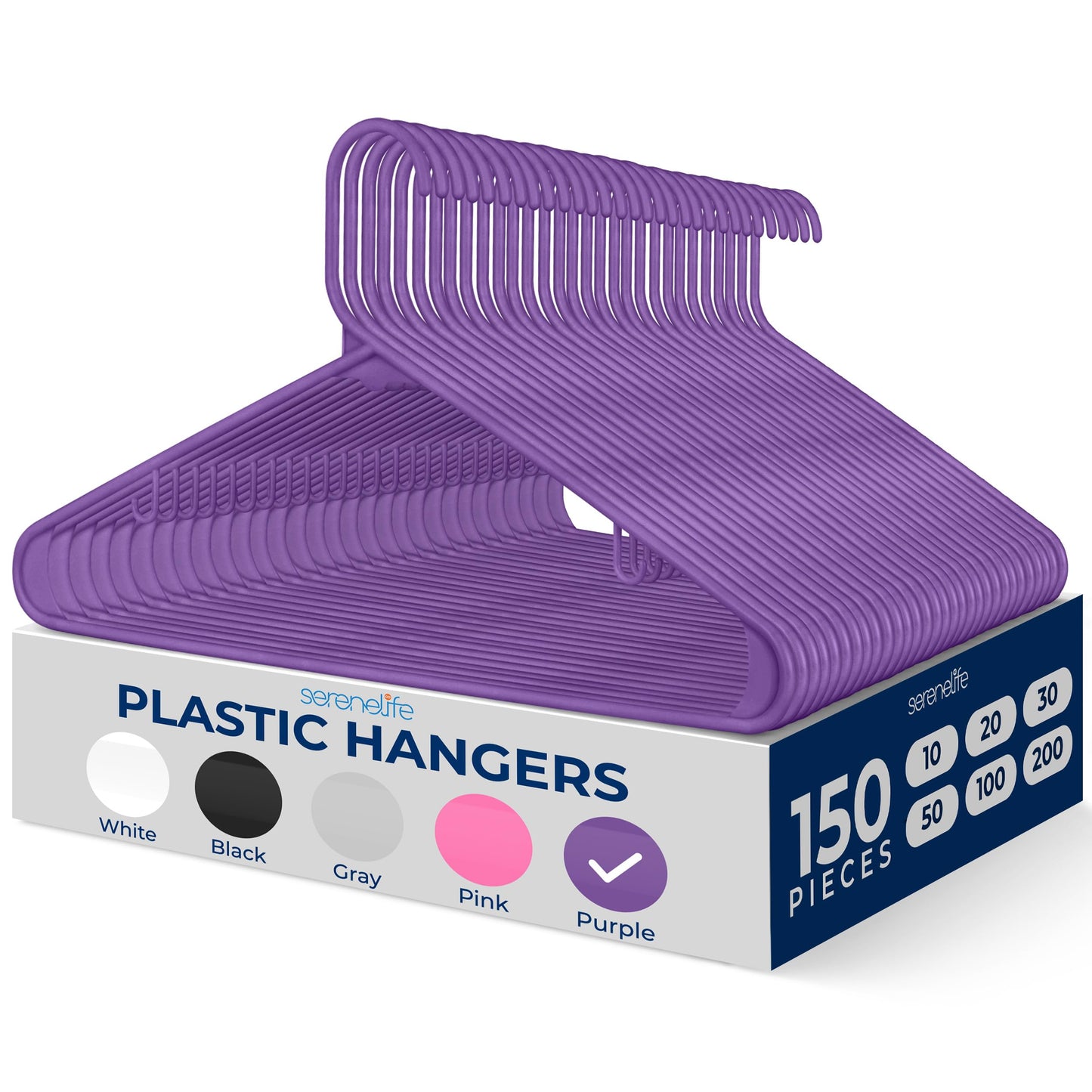 SereneLife 150 Pack Plastic Hangers, Non-Slip, Space-Saving Closet Organizers, Durable and Strong for Shirts, Sweaters, Hoodies, Kids Clothes & Dresses, Ultra-Thin, Lightweight
