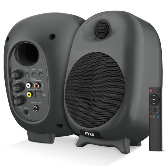 PyleUsa HiFi 60W Powered Bluetooth Bookshelf Monitor Speaker Set, Optical RCA Input, Bass/Treble Adjustable,Deep Bass, 3 Audio Mode,Studio Computer Desk Stereo System,Remote Control,Black - PBKSR40