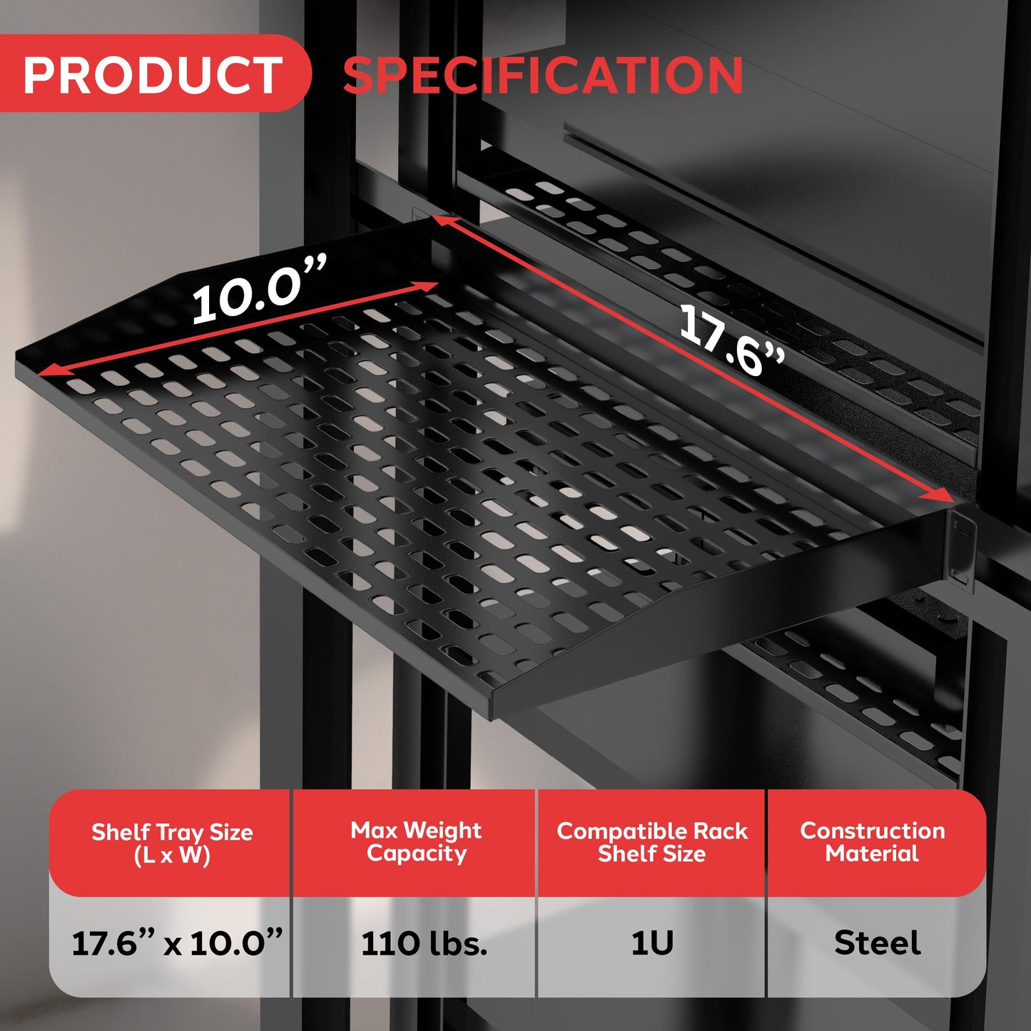 Pyle 19-Inch 1U Server Rack Shelf - 10 pcs. Vented Metal Shelves for Optimal Airflow, Wall or Rack MountableSupports up to 110 lbs, 17 x 10’ Shelf Tray for Cabinets, Computers & Network Equipment