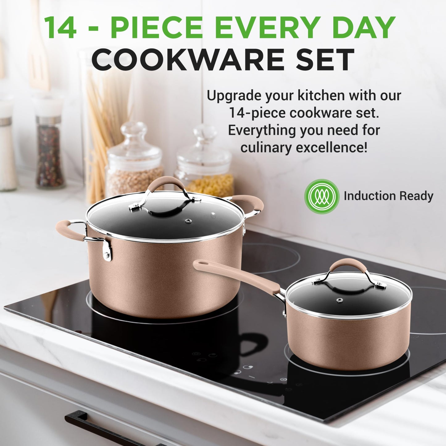 NutriChef 14-Piece Nonstick Cookware PFOA/PFOS-Free Heat Resistant Lacquer Kitchen Ware Set w/Saucepan, Frying Pans, Cooking, Dutch Oven Pot, Lids, Utensils, NCCW14S, Shiny Golden