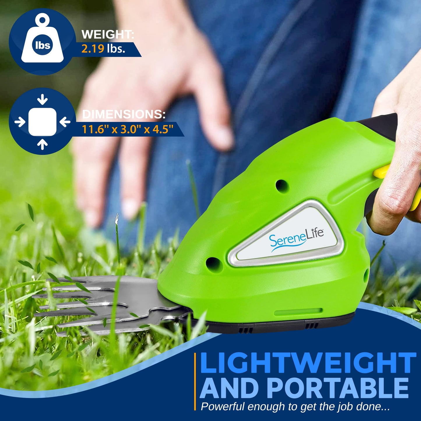 SereneLife Cordless Handheld Grass Cutter Shears, Portable Lightweight Electric Hedge Trimmer, Hand Held Garden Clippers Powered with Rechargeable 3.6V Battery, Changeable Blade Trimmers Light Green