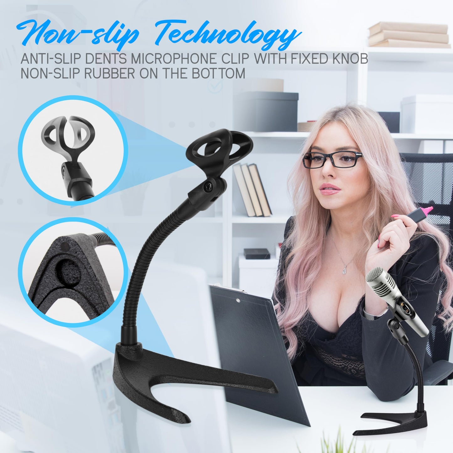 Pyle Universal Adjustable Desktop Microphone Stand - Tabletop Mic Holder Low Profile Mic Stand w/ Flexible 8.2'' Gooseneck Mount & U Shape Base - Table Tops, Desk, Podium, Counter Use PMKS8X2 (Pair)