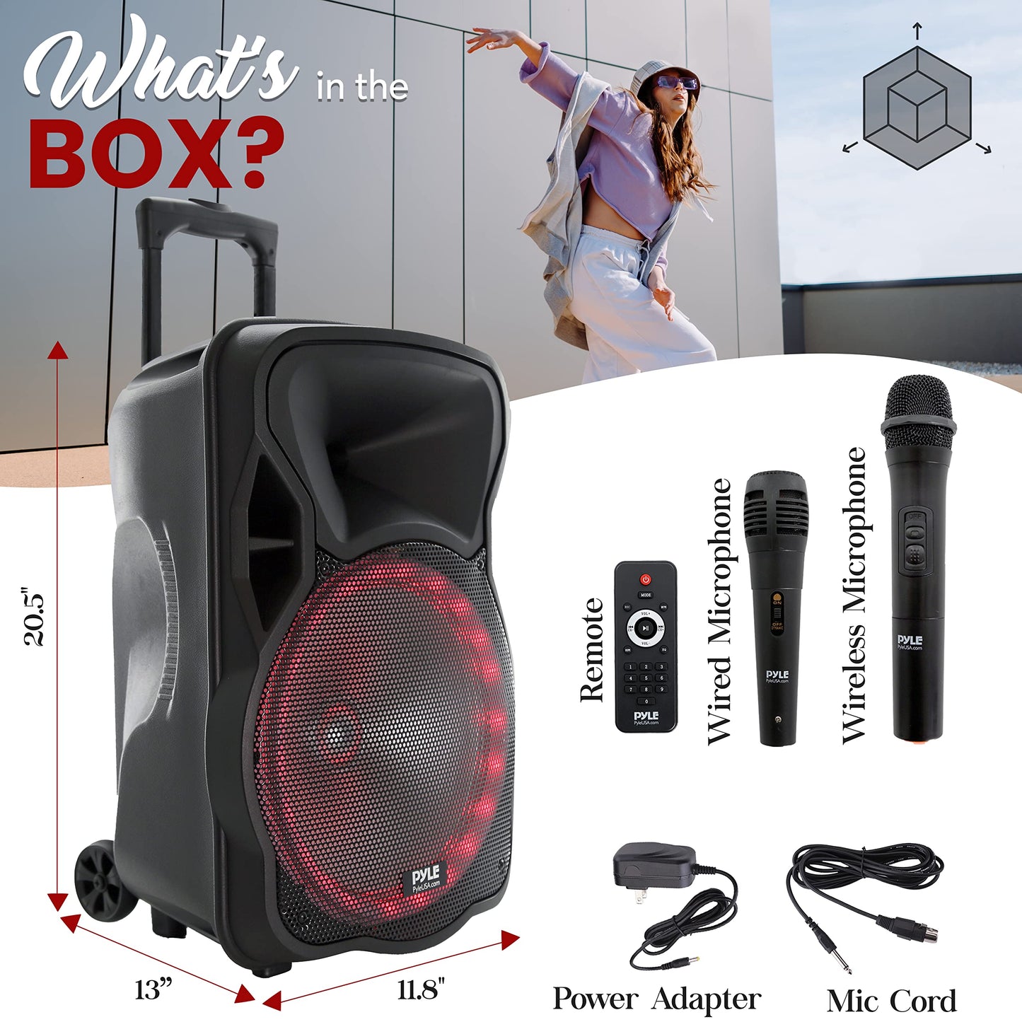 PyleUsa Portable Bluetooth PA Speaker-300W 12” Rechargeable Indoor/Outdoor BT Karaoke Audio System - LED Display, FM/AUX/MP3/USB/SD,1/4" in, Handle, Wheels-Wireless & Wired Mic, Remote Control