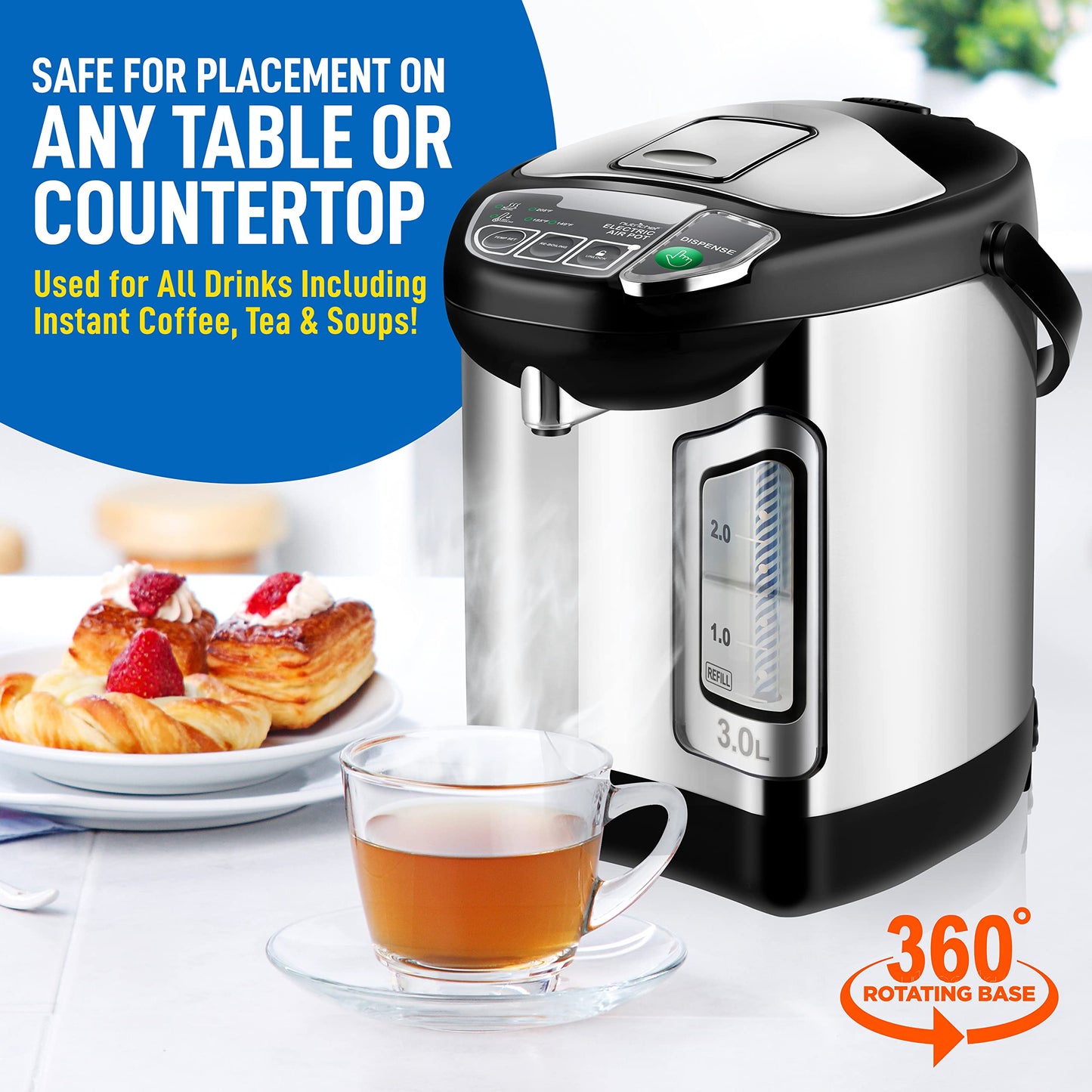 NutriChef Electric Water Boiler and Warmer - 3L/3.17 Qt Stainless Steel Electric Hot Water Dispenser w/Rotating Base, Auto Shut Off, Safety Lock, Instant Heating for Coffee & Tea (NCHUB13)