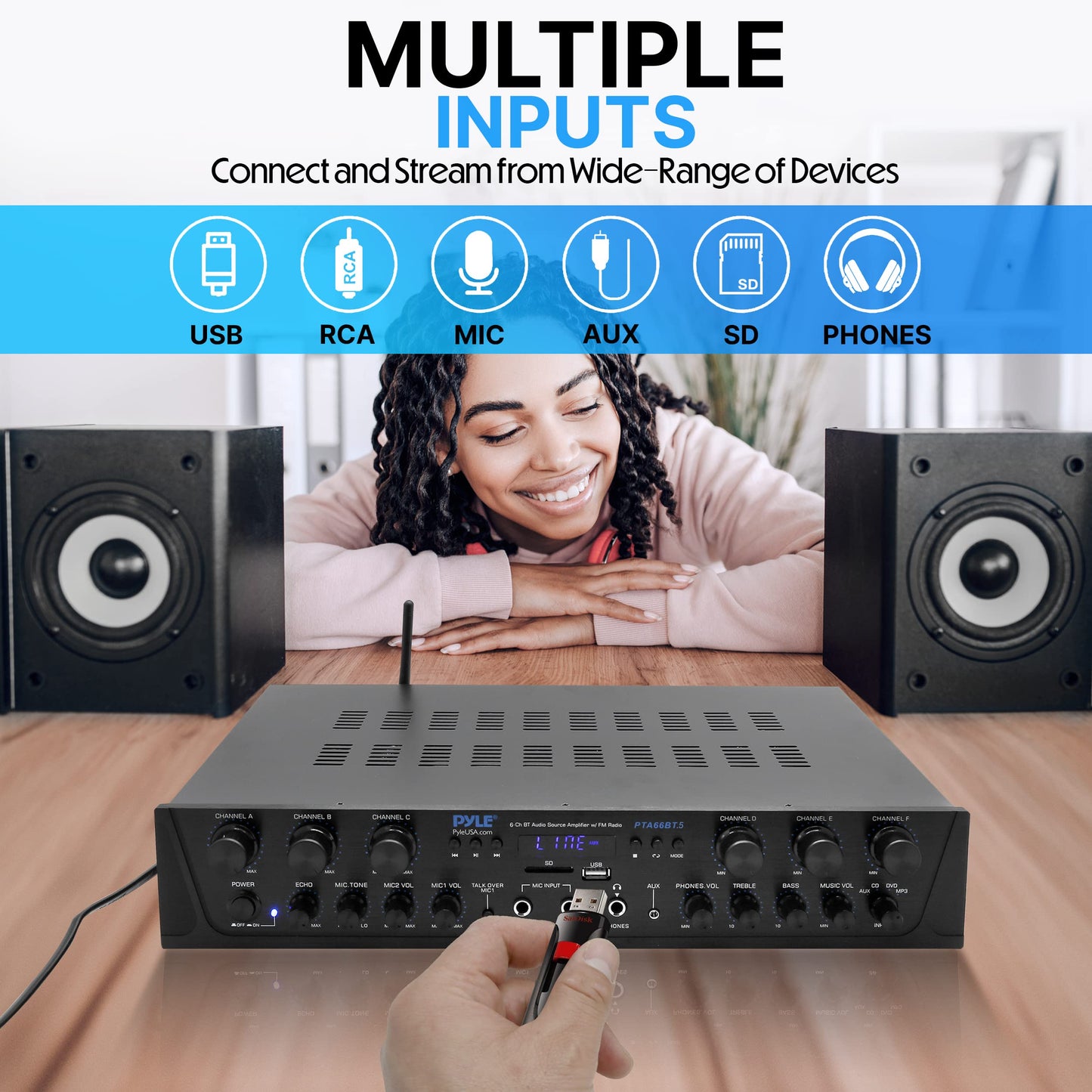 Pyle 600W 6-Channel Bluetooth Stereo Amplifier - Audio Receiver with Digital LCD - Microphone Input - USB - SD - AUX - RCA - FM Radio - Headphone Jack - Multi-Zone Control - PTA66BT