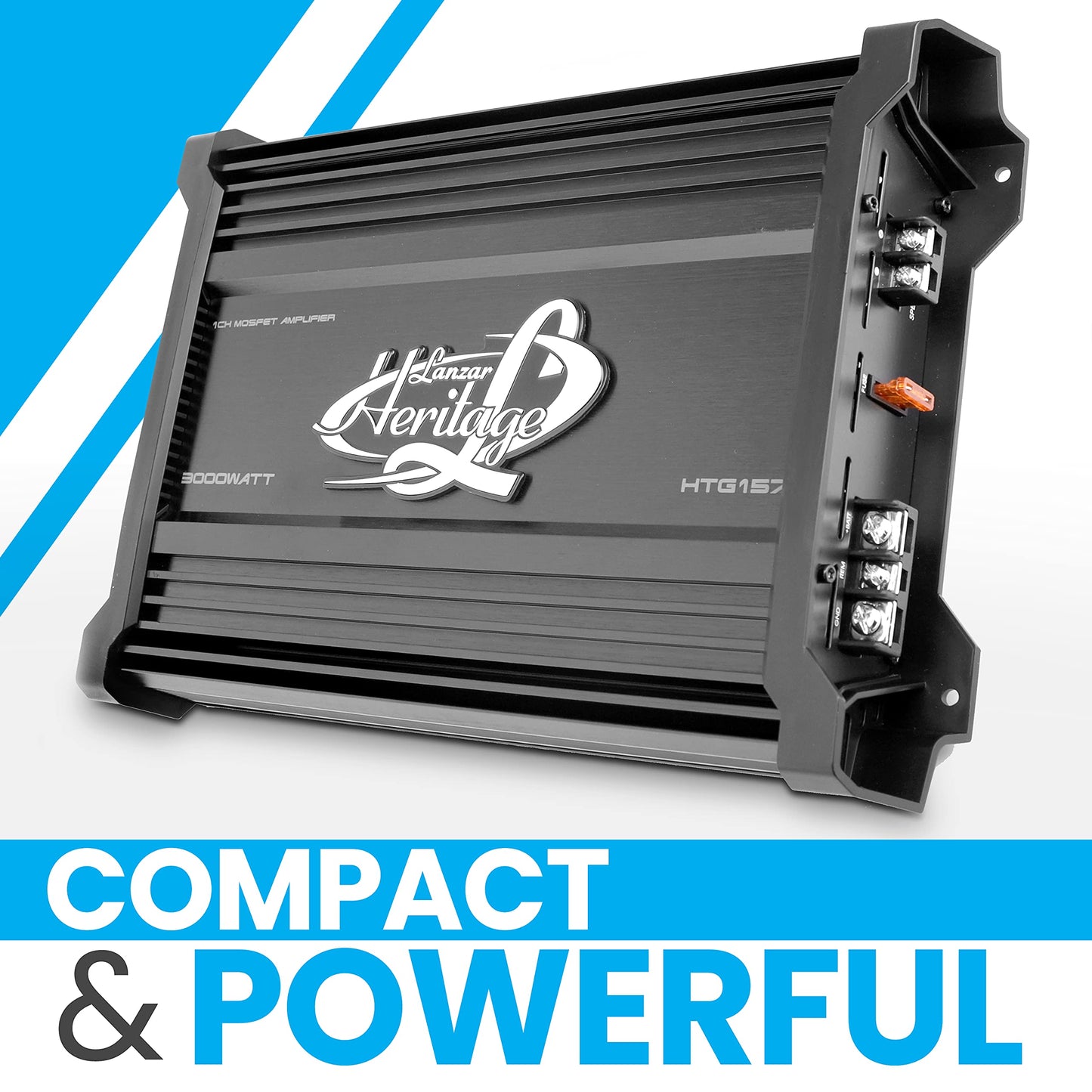 Lanzar 1 Channel Car Audio Amplifier, 3000 Watt, Monoblock, 2 Ohm, MOSFET, Nickel Plated RCA Input, Bass Boost Circuit, Electronic Crossover Network, Power Protection LEDs - HTG157
