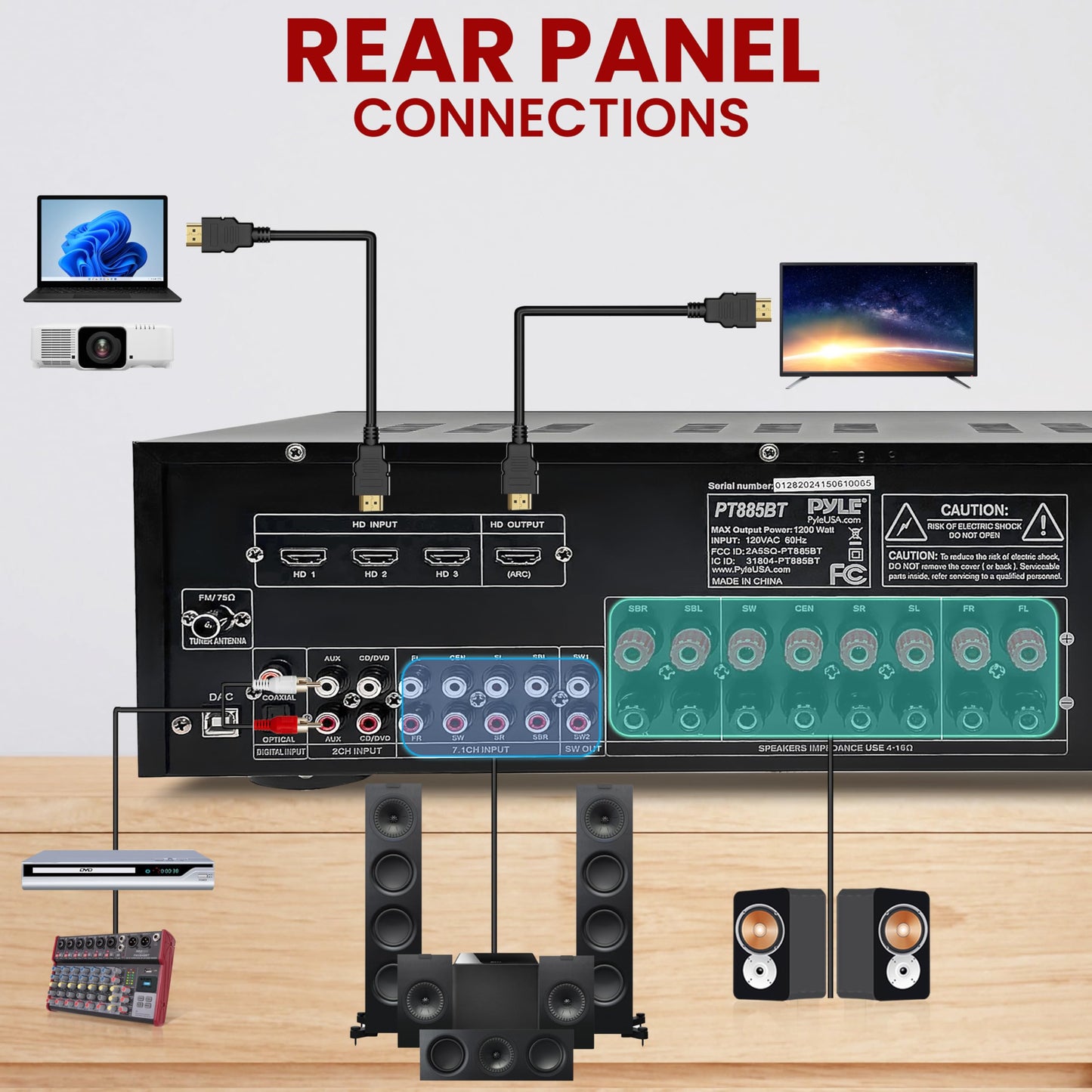 Pyle Hi-Fi Wireless Bluetooth 5.0 Home Theater Receiver - 7.2 Channel Surround Sound Stereo Amp with ARC Support - MP3/USB/DAC/FM Radio - 1200W PMPO - HDMI - Remote Control - for Home Audio - PT885BT