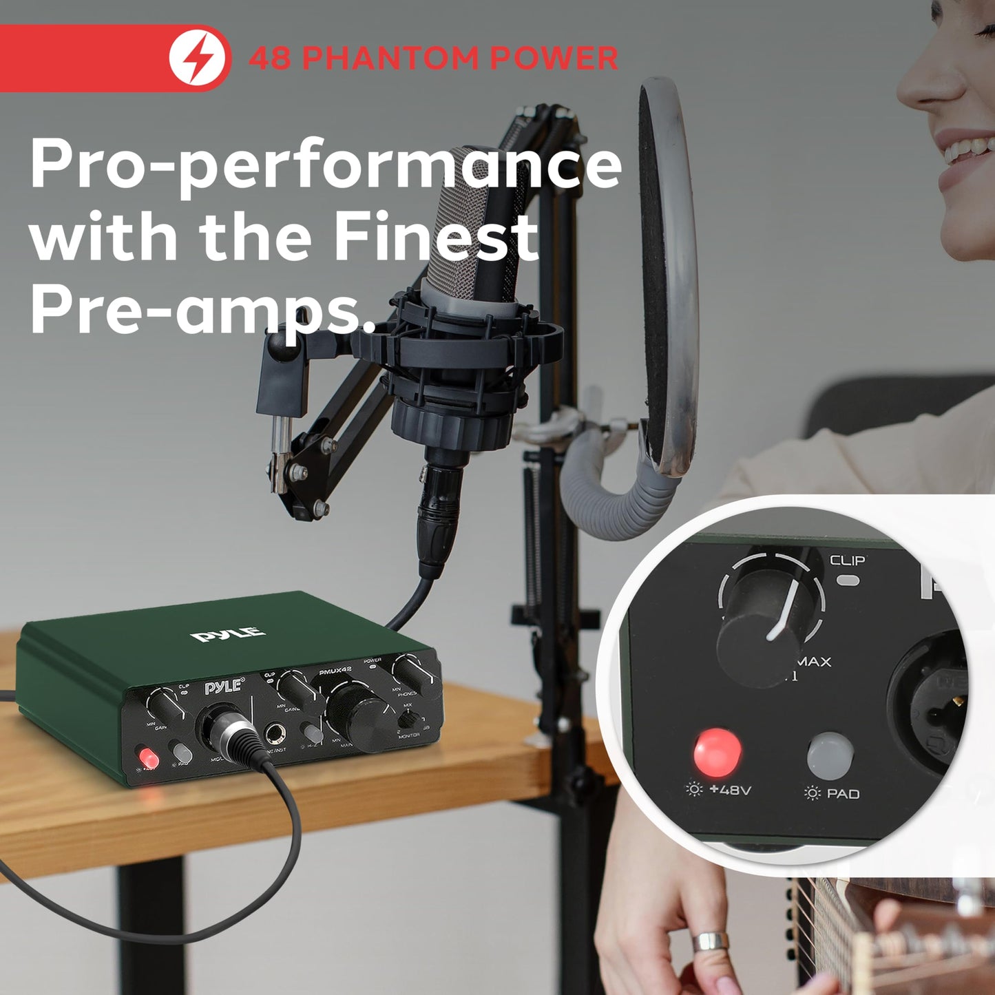 Pyle USB Audio Interface for Recording, Streaming & Podcasting – 2 Inputs 2 Outputs, 48V Phantom Power, 24bit/192kHz ASIO, Studio-Quality Sound, Rugged Metal Chassis - Compatible with Windows/Mac