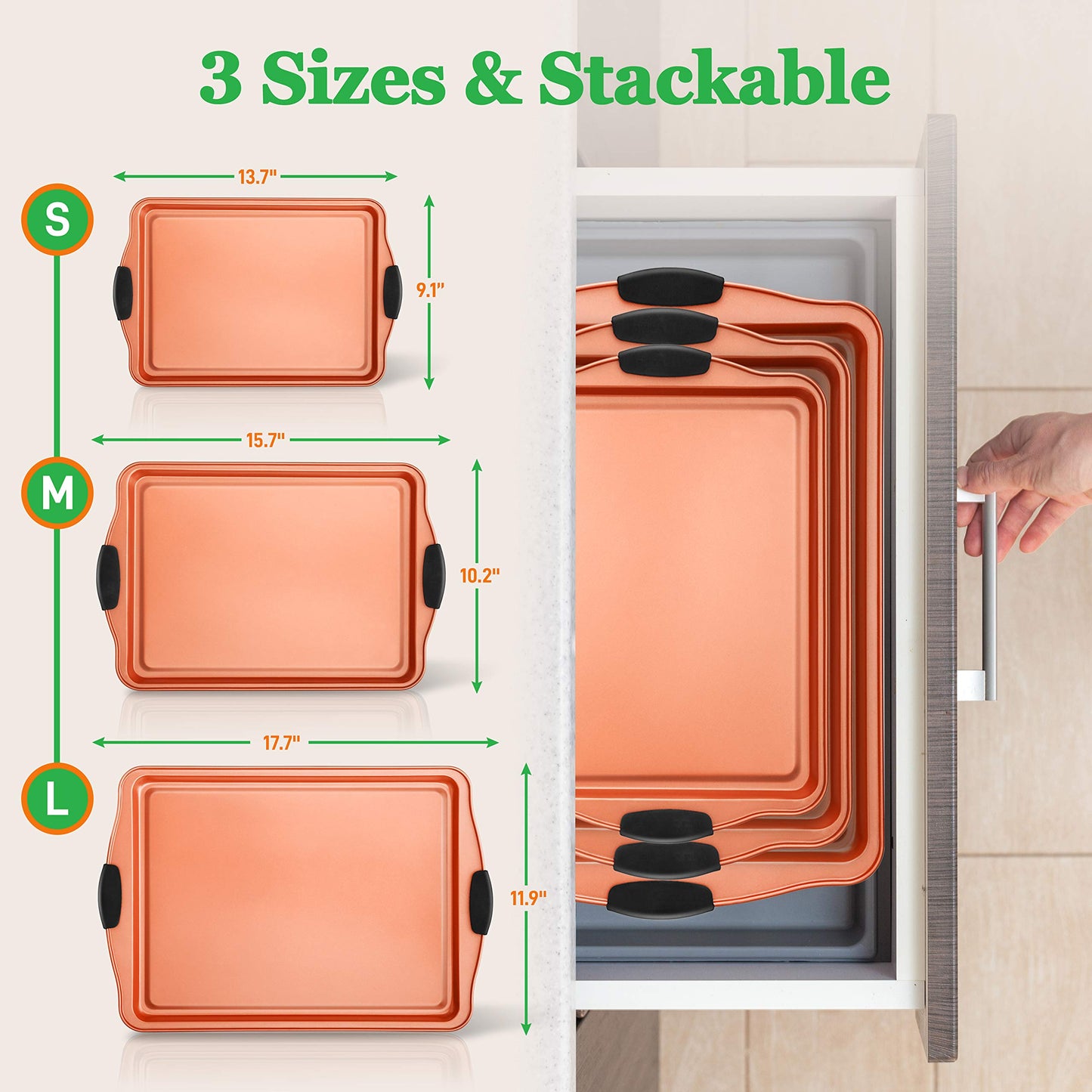 NutriChef 3 Piece Baking Pan Set - PFOA, PFOS, PTFE Free Flexible Nonstick Carbon Steel Bakeware Set - Home Kitchen Bake Pan Cookie Sheet Stackable Baking Tray Set w/Black Silicone Handles NCSBS3S45