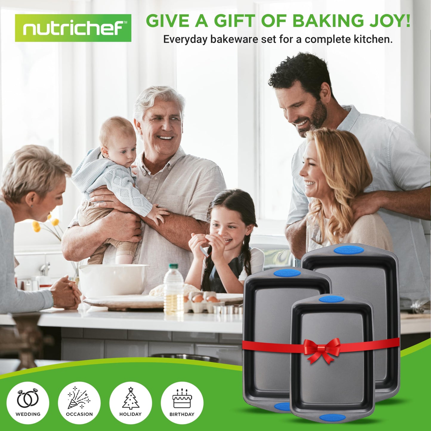 NutriChef 3-Piece Baking Pan Set - Premium Nonstick Carbon Steel Bakeware w/ Silicone Handles - Includes Large, Medium, & Small Pans for Baking & Roasting - PFOA, PFOS, PTFE Free - Gray