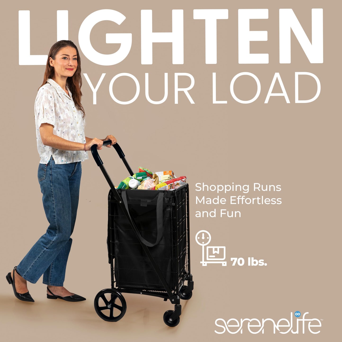 SereneLife Small Compact Folding Shopping Cart with Removable Waterproof Liner – 360° Swivel Wheels, Rust‑Proof Steel Frame, 70 lb Capacity – Portable Grocery, Laundry & Travel Cart (Black)