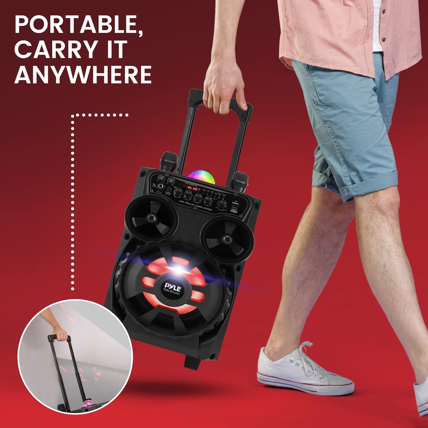 Pyle Portable Bluetooth PA Speaker - 580W 8” Rechargeable Outdoor BT Karaoke Audio System - TWS, Disco Party Lights, LED Display, FM/AUX/MP3/USB/SD, 6.5mm in, Trolley, Wheels - Wireless Mic, Remote