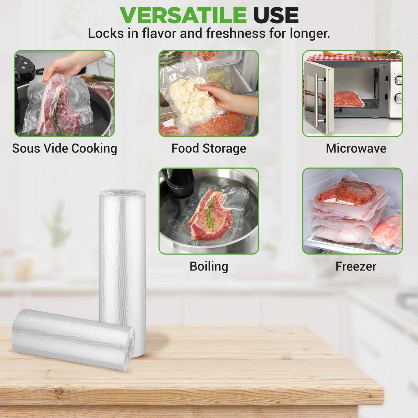 NutriChef Vacuum Sealer Bags for Food 8” x 50’ & 11" x 50' (2 Rolls, 100’ Total) – Works with All Sealers, BPA-Free, Heavy-Duty, Multi-Layered – Freezer, Microwave & Sous Vide Safe