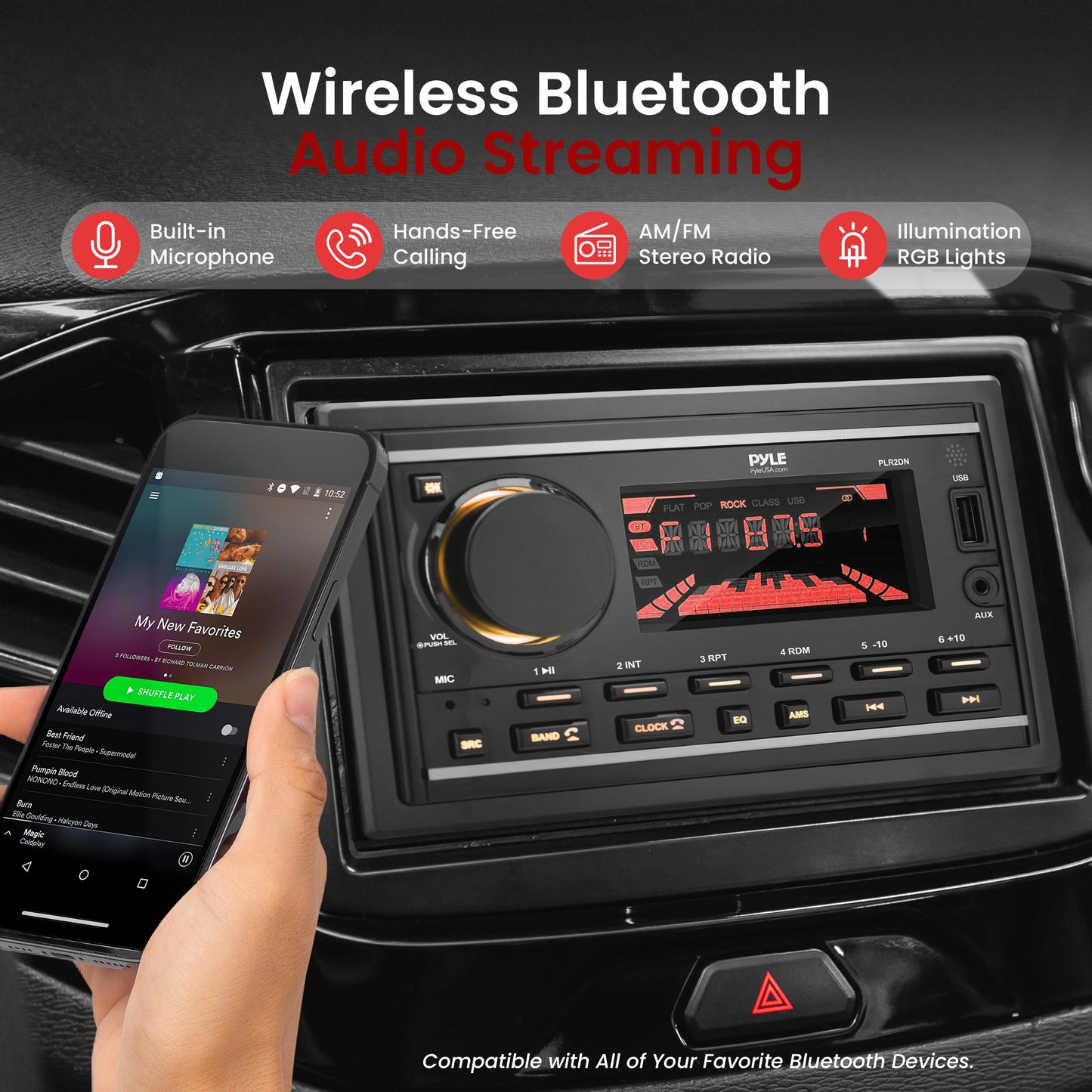 Pyle Boat Bluetooth Marine Stereo Receiver - Marine Head Unit Double DIN Stereo Receiver Power Amplifier - Hands-Free Calling, LCD, AM/FM/MP3/BT/USB/AUX - Remote Control, Wiring Harness - Pyle PLR2DN