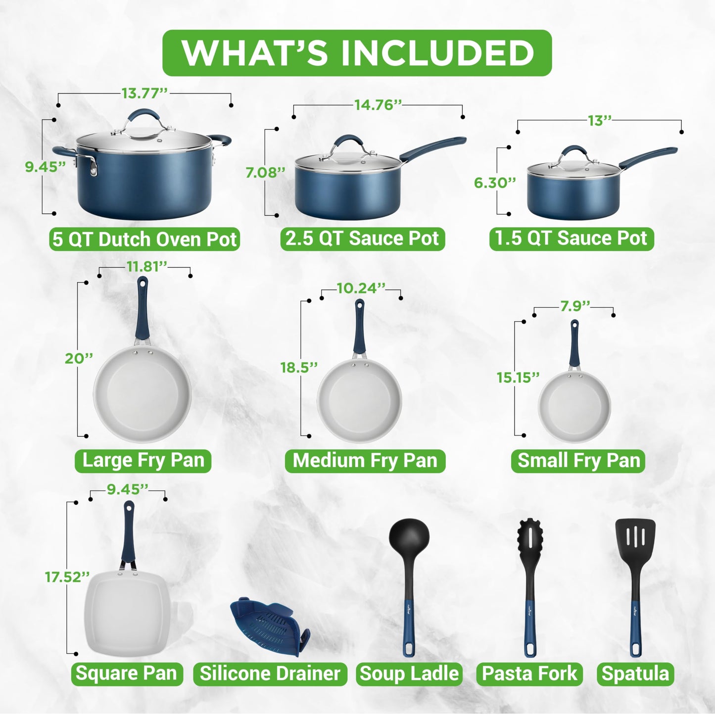 NutriChef 14-Piece Navy Blue Cookware Set - Durable Non-Stick Pots and Pans Set with Lids & Utensils, Compatible with All Cooktops