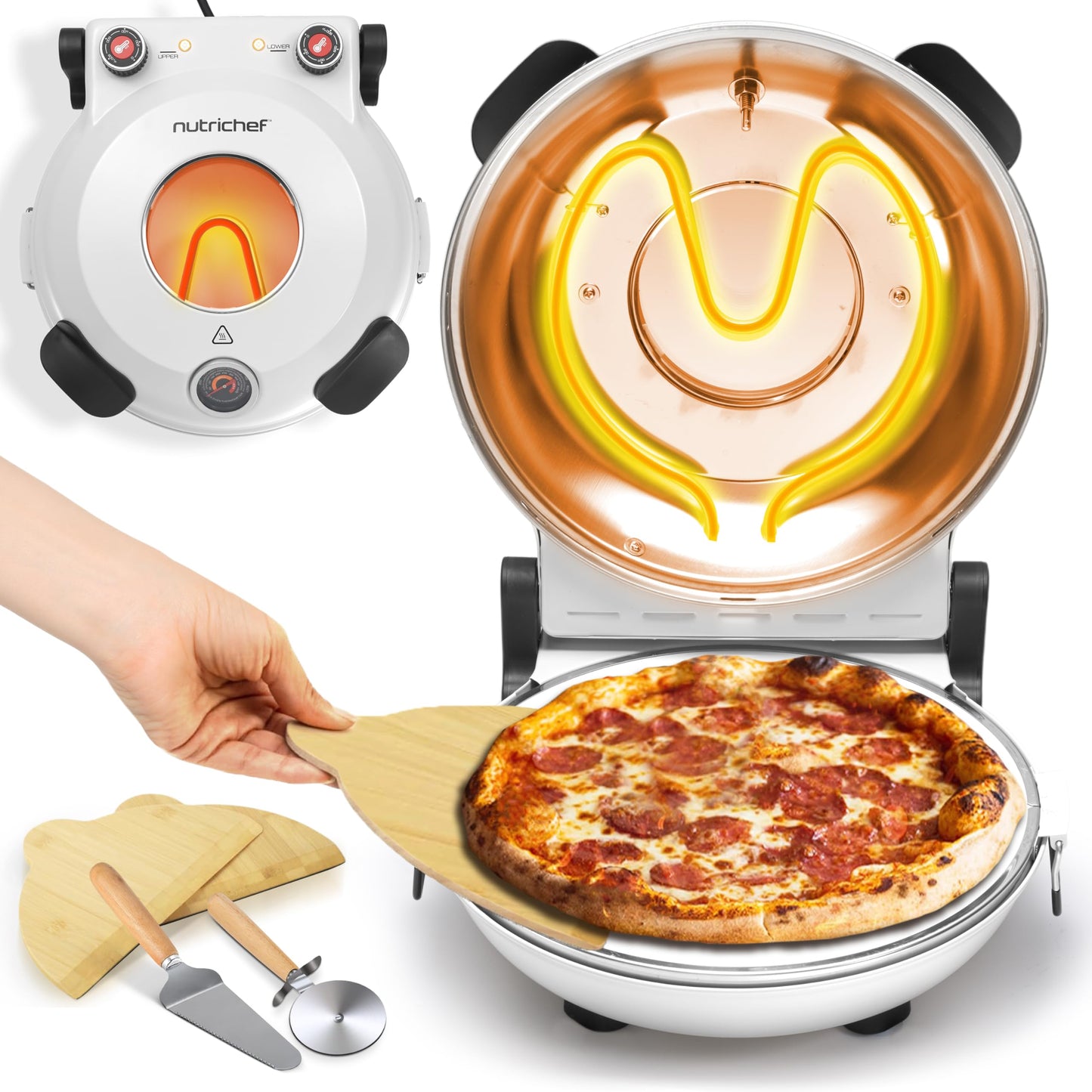 NutriChef Electric Pizza Oven | 12 Inch Countertop Pizza Maker with Temperature Control & Thermometer | Viewing Window for Precise Cooking | Heats up to 800F | Easy to Clean Non-Stick Stone | White