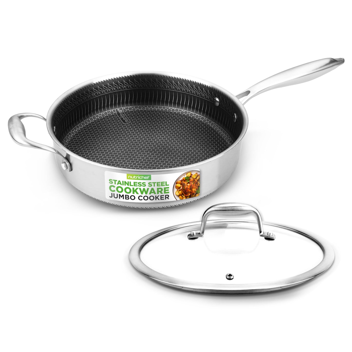 NutriChef 3.4QT Deep Frying Pan with Lid - Stainless Steel Non-Stick Saute Pan, Scratch-Resistant Honeycomb Texture, Oven & Induction Safe Skillet