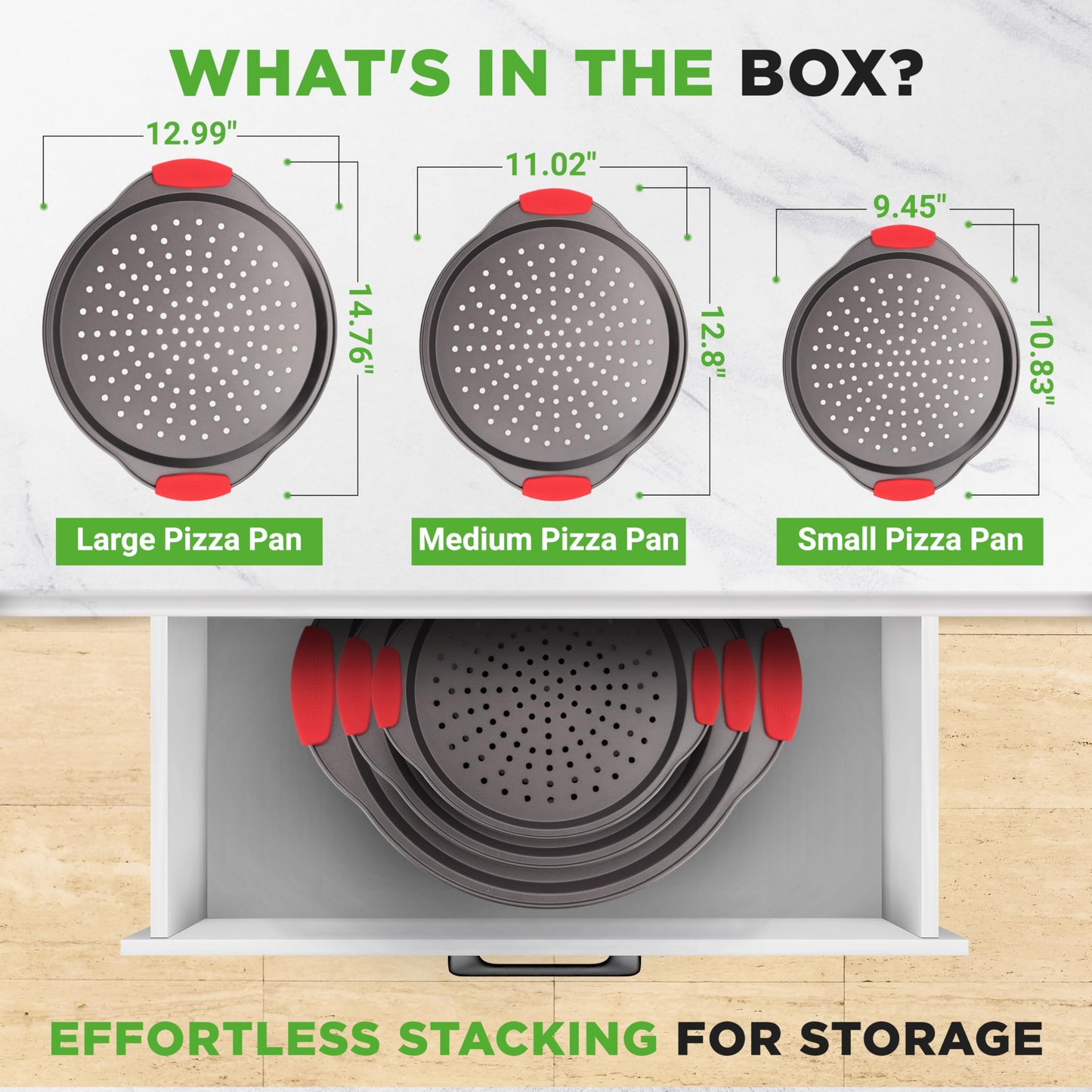 NutriChef 3-Piece Pizza Tray Set with Silicone Handles - Round Nonstick Pizza Pan with Perforated Holes, Durable Carbon Steel, Small, Medium, Large Sizes - Ideal for Crispy, Evenly Baked Pizzas (Gray)