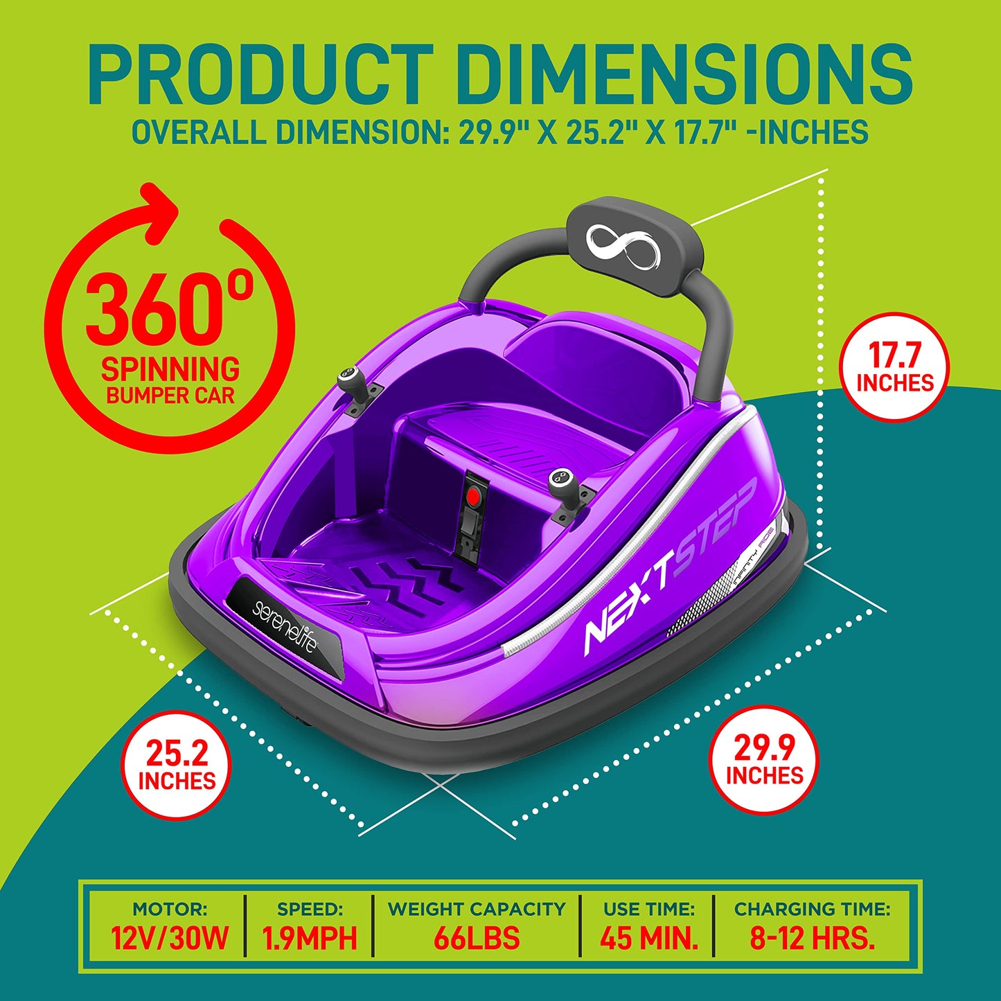 SereneLife 12V Electric Bumper Car for Kids – Remote Control Option, 360° Spin, LED Lights, Safety Belt, Kids Toddler Baby Bumper Car 3-8 Years (Purple)