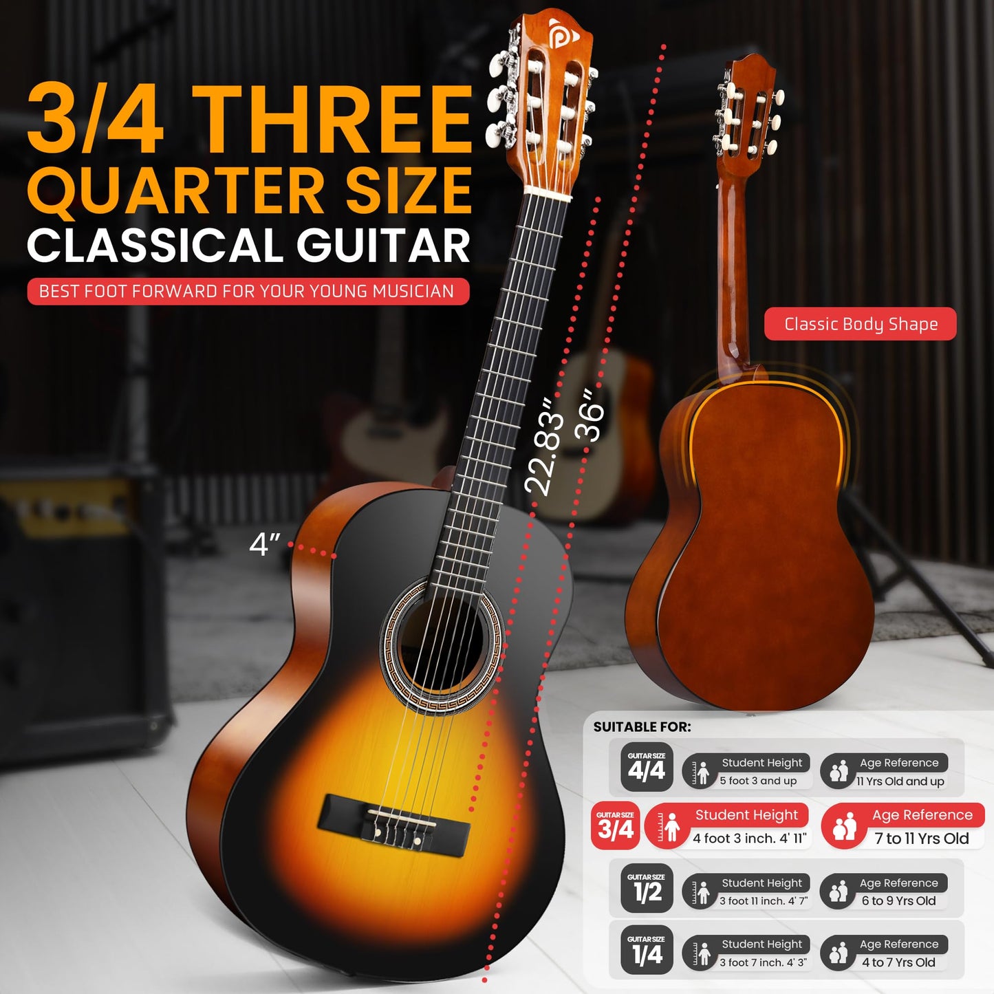 Pyle Classical Guitar Starter Kit - 36" 3/4th Size All Wood Instrument with Capo, Gig Bag, Strings, Strap, Picks (Sunburst)