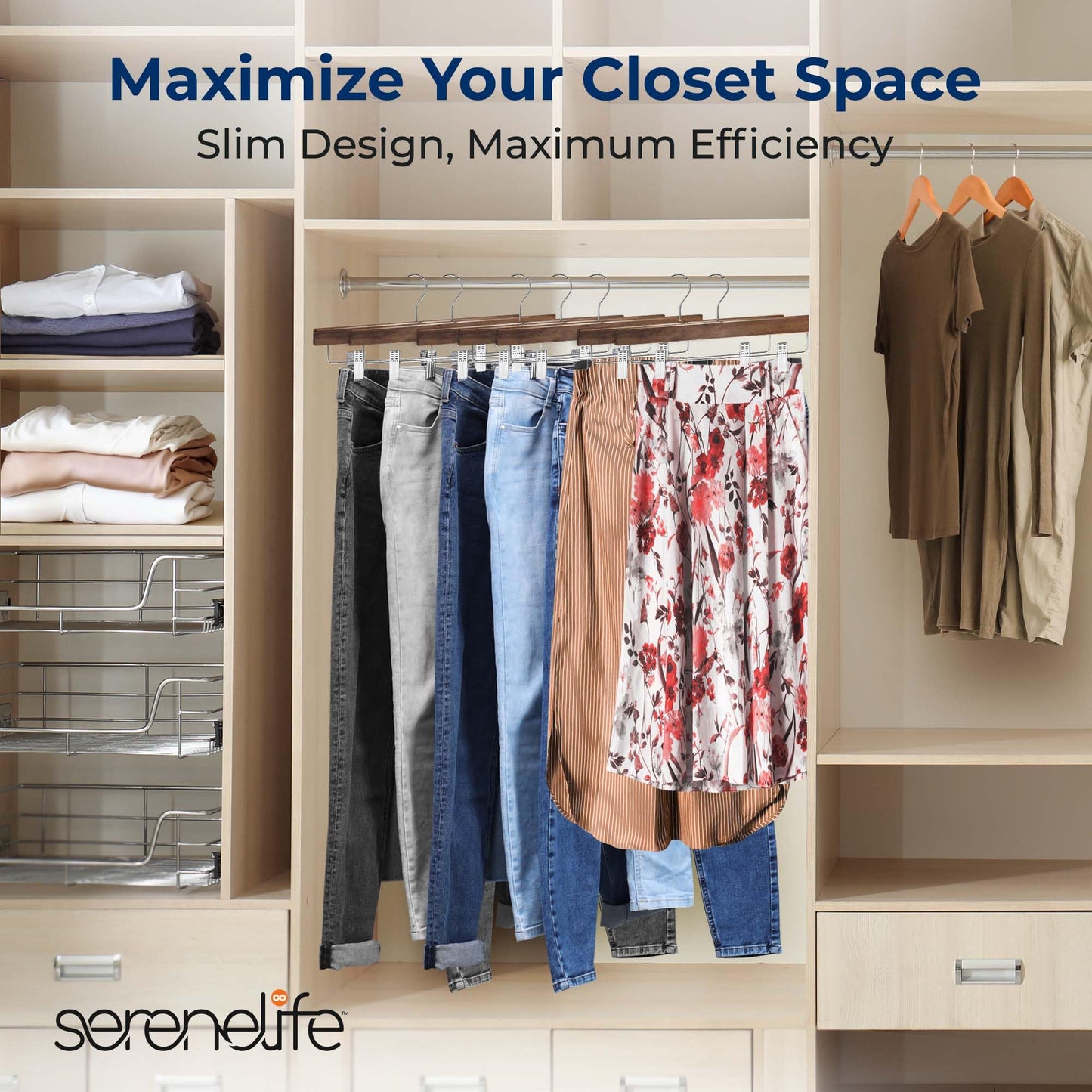 SereneLife 10 Pack Wooden Pants Hangers with Clips – Retro Brown 14"x0.5"x6.7", Heavy Duty Wood Skirt Hangers with 360° Swivel Hook & Adjustable Non-Slip Clips for Jeans Slacks Shorts