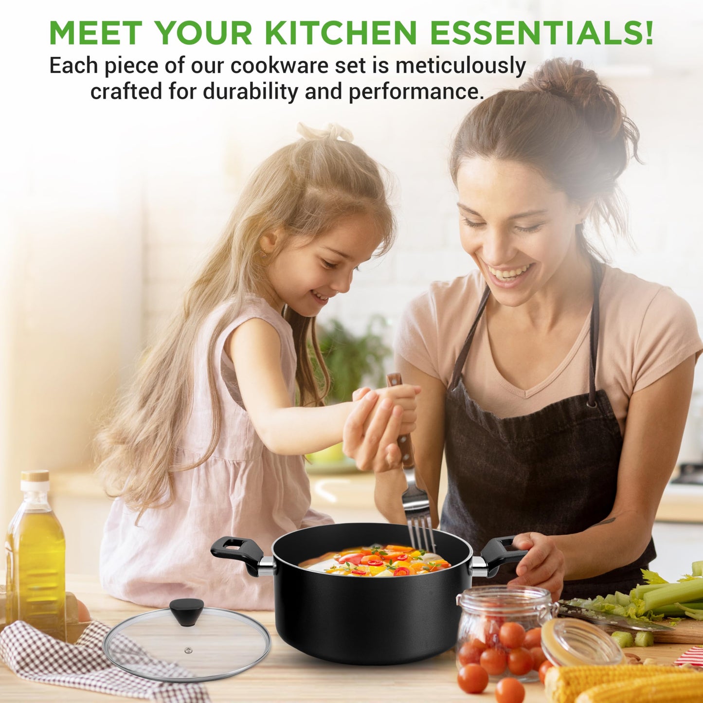 NutriChef 13-Piece Nonstick Cookware - Heat Resistant Kitchen Ware Set w/Saucepan, Frying Pans, Cooking Pots, Casserole, Lids, Ladle, Fork, Strainer - NCCWA13, Black