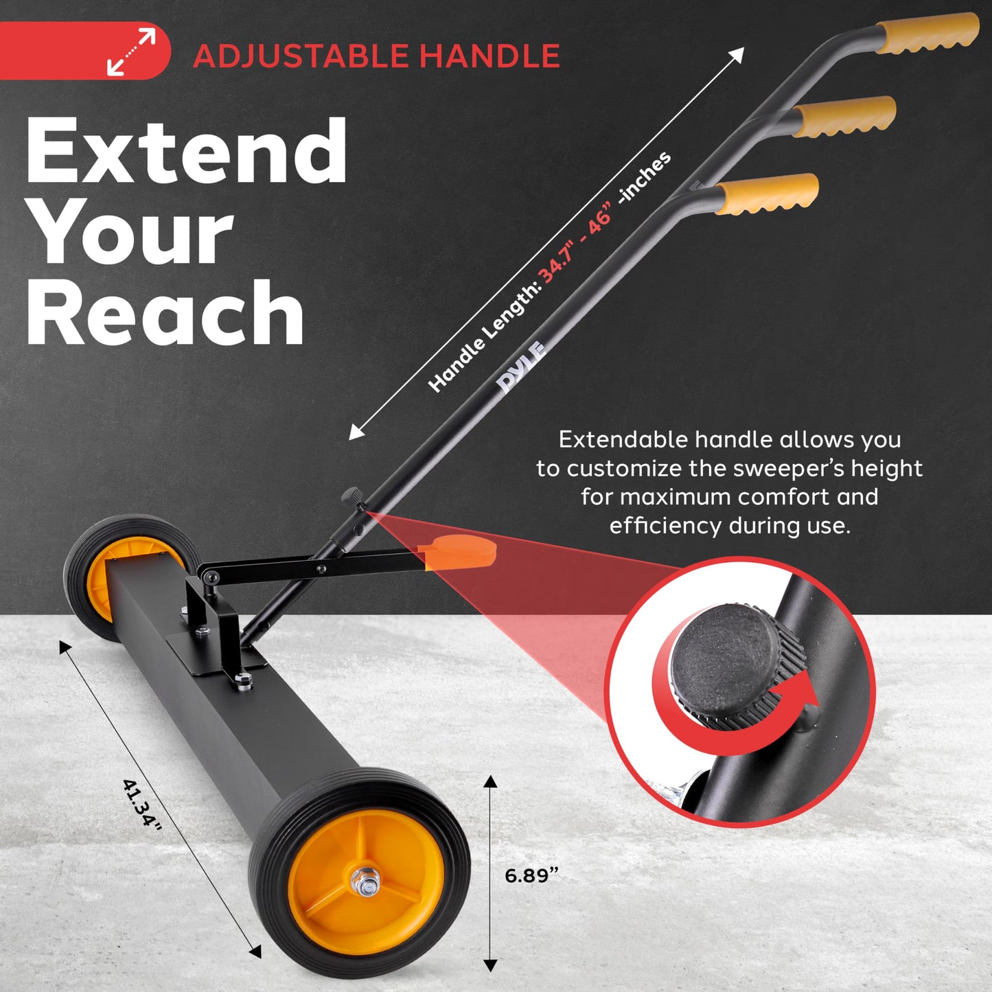 Pyle 36" Rolling Magnetic Sweeper with Adjustable Handle - Strong and Durable Metal Construction Heavy-Duty Cleaning/Metal Pickup for Industrial and Commercial Use (Black and Orange)