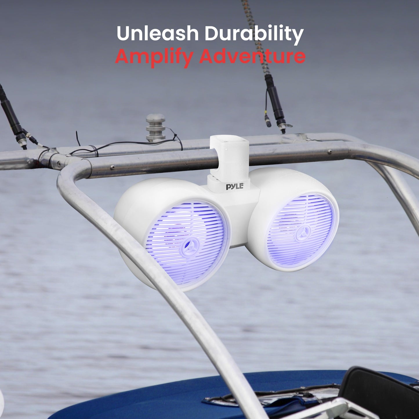 Pyle Dual Bluetooth Off-Road Speakers - 8” 300W 2-Way Marine Waterproof Wakeboard Tower Sound System w/LED Light, Full Range Outdoor Stereo Speaker for Car ATV Jeep Boat, Includes Brackets (White)