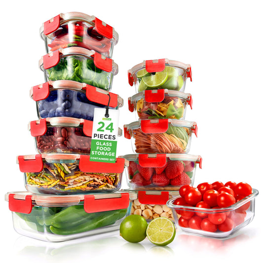NutriChef 24pcs Glass Food Storage Containers, (12 Stackable Heavy Duty Meal Prep Containers w/ 12 Airtight Lids), Microwave, Freezer, & Dishwasher Safe for Food, Snacks, Fruit & More, (Red)