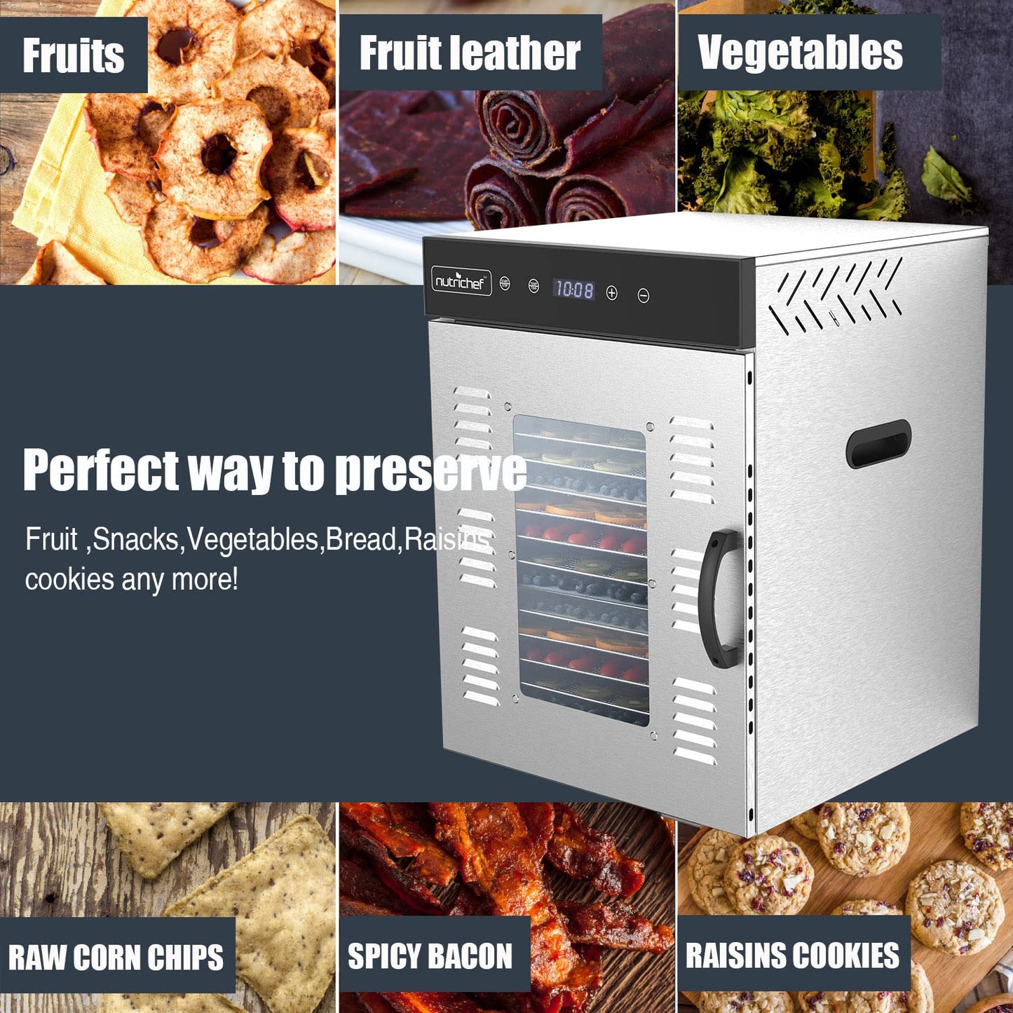 NutriChef Commercial Electric Food Dehydrator Machine - 16 Shelf Extra Large Capacity - Stainless Steel Trays - 1500-Watts, Digital Timer & Temperature Control - 18.58 x 19.10 x 24.88 IN