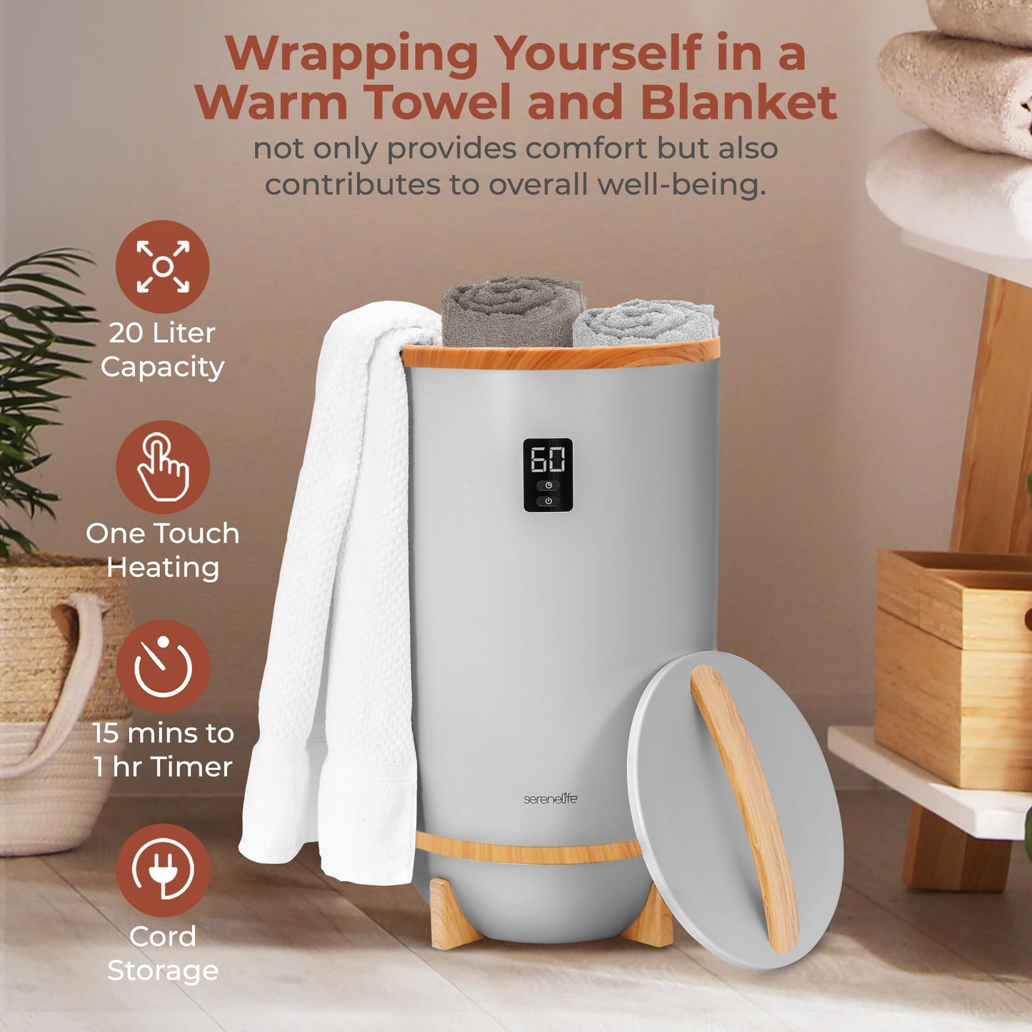 SereneLife Towel Warmers Bucket, with Customized Fragrance for Spa and Bathroom, Luxury Towel Heater Gifts for Him & Her, Auto Shut off, Fits 2 large Towels, Blankets, Bathrobes, PJ's (Grey)