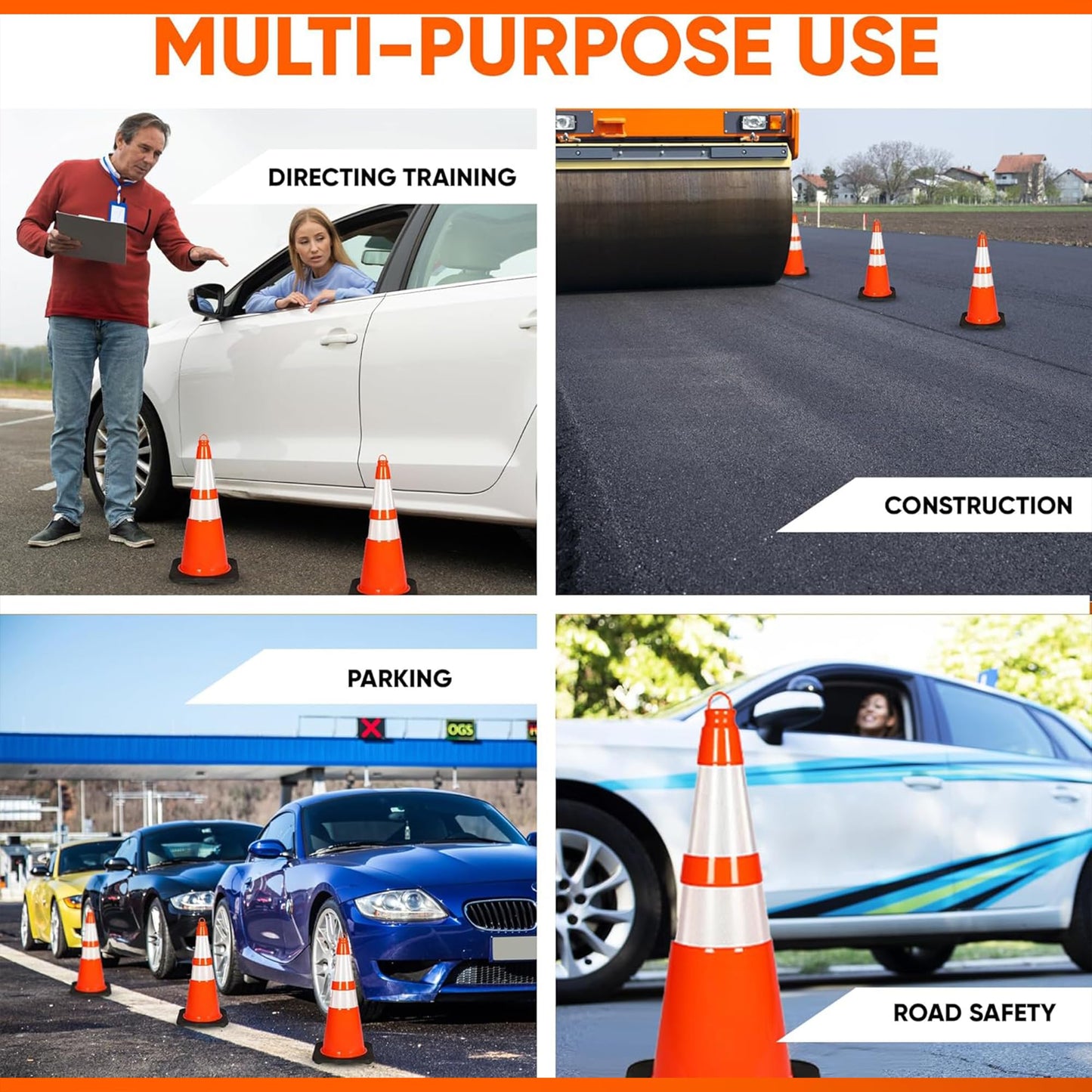 Pyle 28" PVC Traffic Cones, 4-Pack Safety Cones for Parking, Construction, Roadwork, & Sports Training, High-Visibility Orange, Durable, Stackable Design, Heavy-Duty Base for Stability in All Weather
