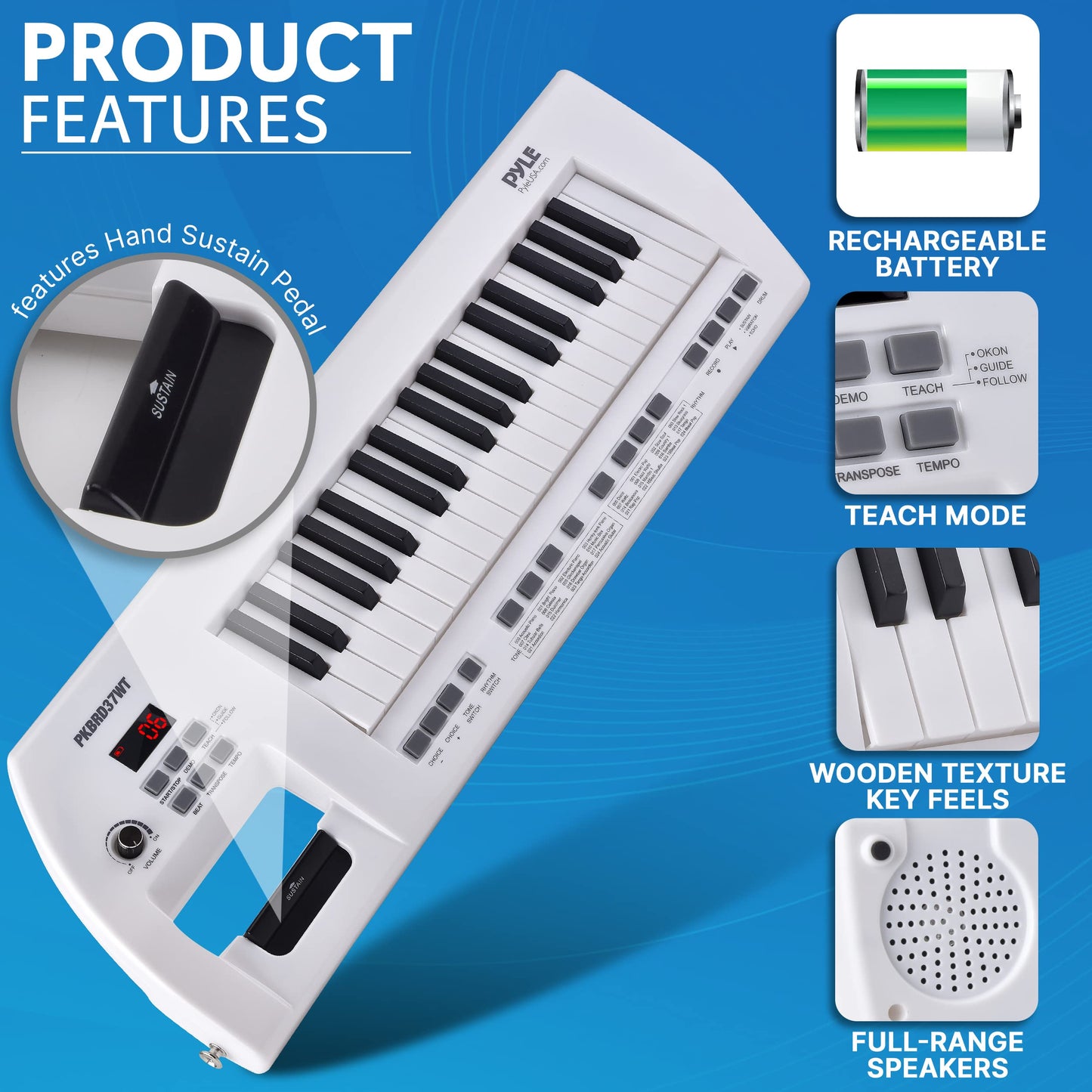 Pyle Electric Piano, 37-Key Music Keyboard, Built-in Stereo Speakers, Rechargeable Battery, Wired Microphone, Portable Design, Tones, 200 Rhythms (PKBRD37WT)
