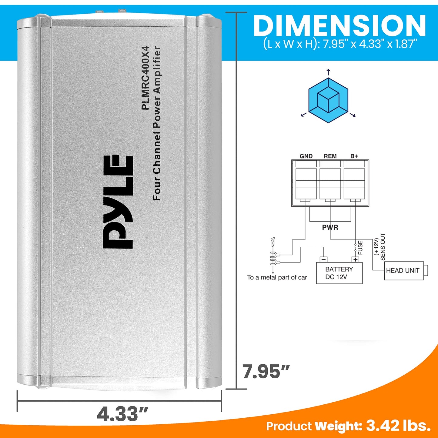 Pyle 4-Channel Weather-Resistant Audio Amplifier System - 1200W Max Bridged, 800W Max Stereo Designed For ATV, UTV, 4X4, Jeep, Motorcycle and Marine, and any other Weather Resistant Application