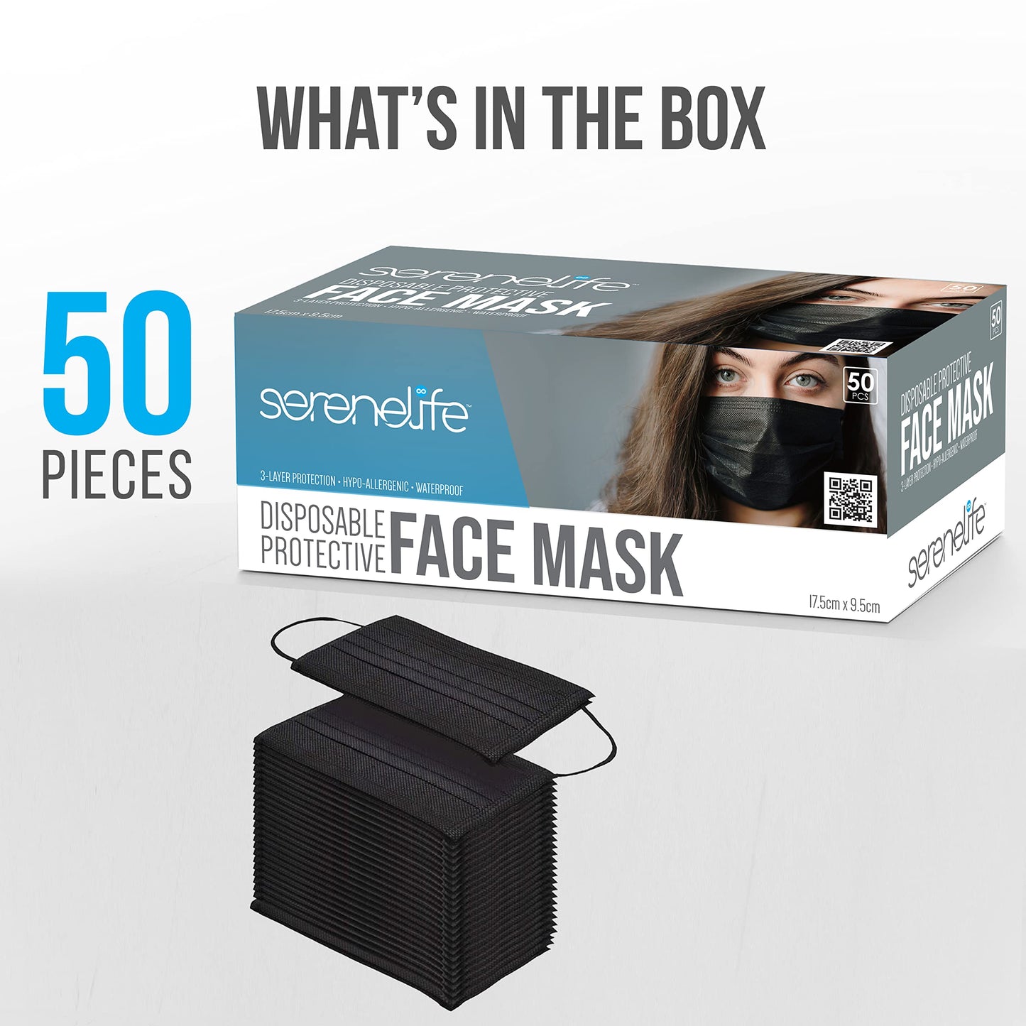 SereneLife 50 Pieces Disposable Face Masks - 3 Layer Protection Breathable Face Masks, For Dust Covering, Made from Non-Woven Fabric, Easy to Use, Disposable, and Single-Use, For Adults (Black)
