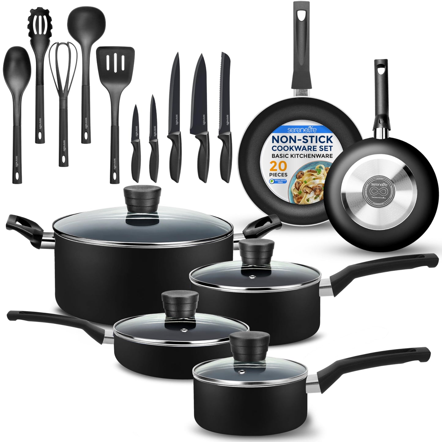 SereneLife Kitchenware Pots & Pans Basic Kitchen Cookware, Black Non-Stick Coating Inside, Heat Resistant Lacquer (20-Piece Set), One Size