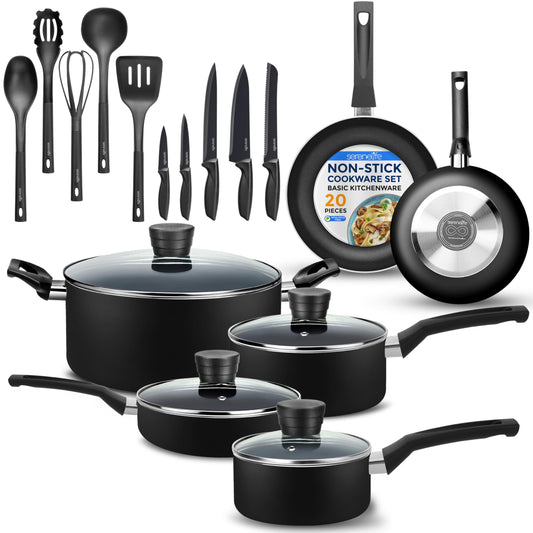 SereneLife Kitchenware Pots & Pans Basic Kitchen Cookware, Black Non-Stick Coating Inside, Heat Resistant Lacquer (20-Piece Set), One Size