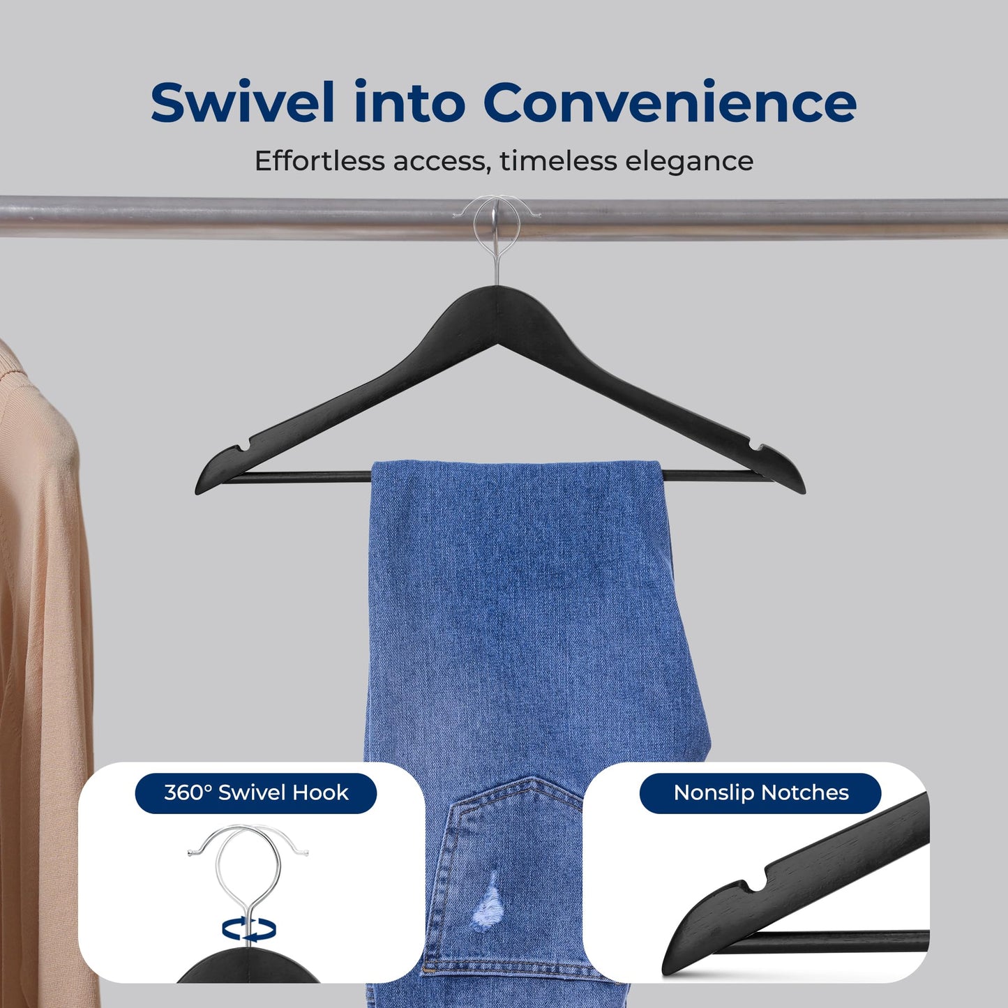 SereneLife 60-Pack Premium Black Wooden Suit Hangers – Heavy-Duty Solid Wood Coat Hangers with 360° Chrome Swivel Hook & Notches – Space-Saving, Non-Slip Design for Shirts, Jackets & Dresses