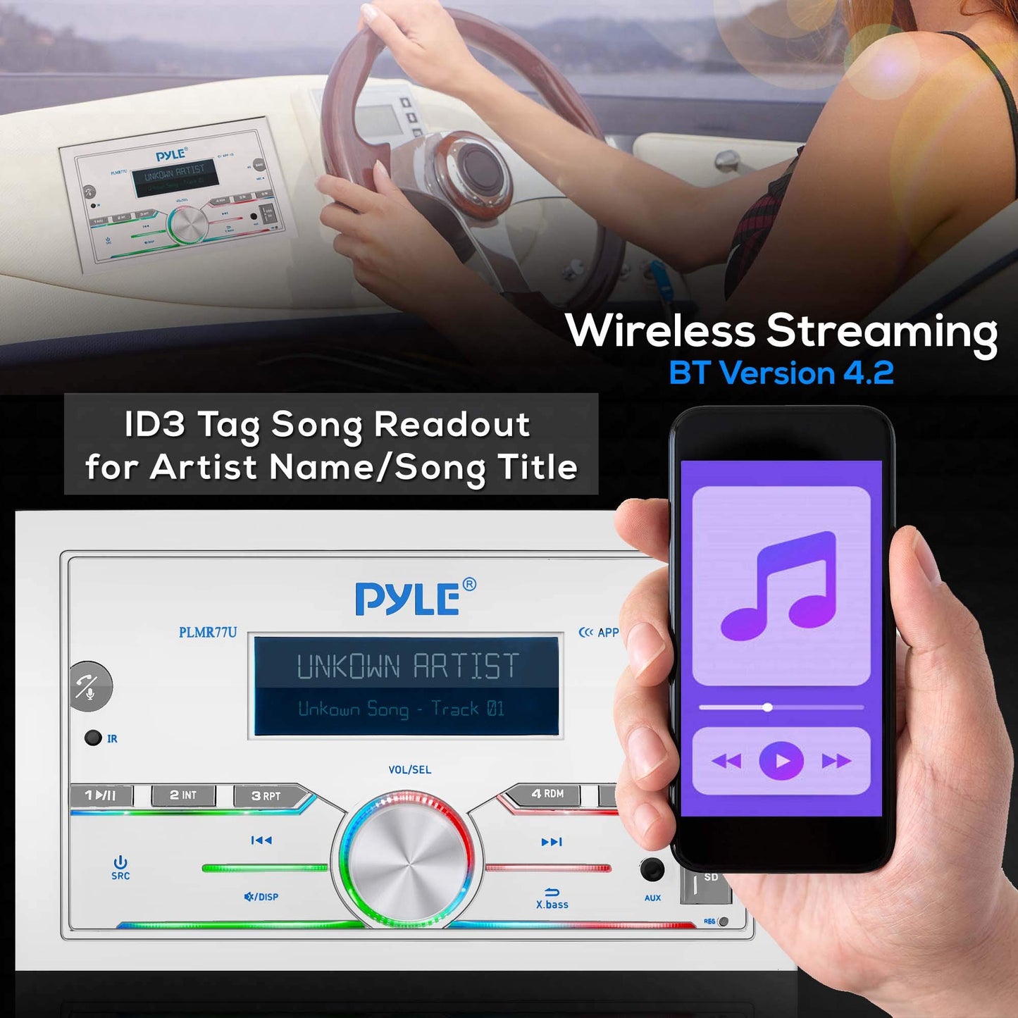 Pyle Marine Stereo, Bluetooth, USB/SD, 300W Double DIN Boat Radio Receiver, LCD Display, Hands-Free Calling, AUX, MP3, AM/FM Radio, Remote Control, PLMR77U, White, Built-in Microphone, 4x75W