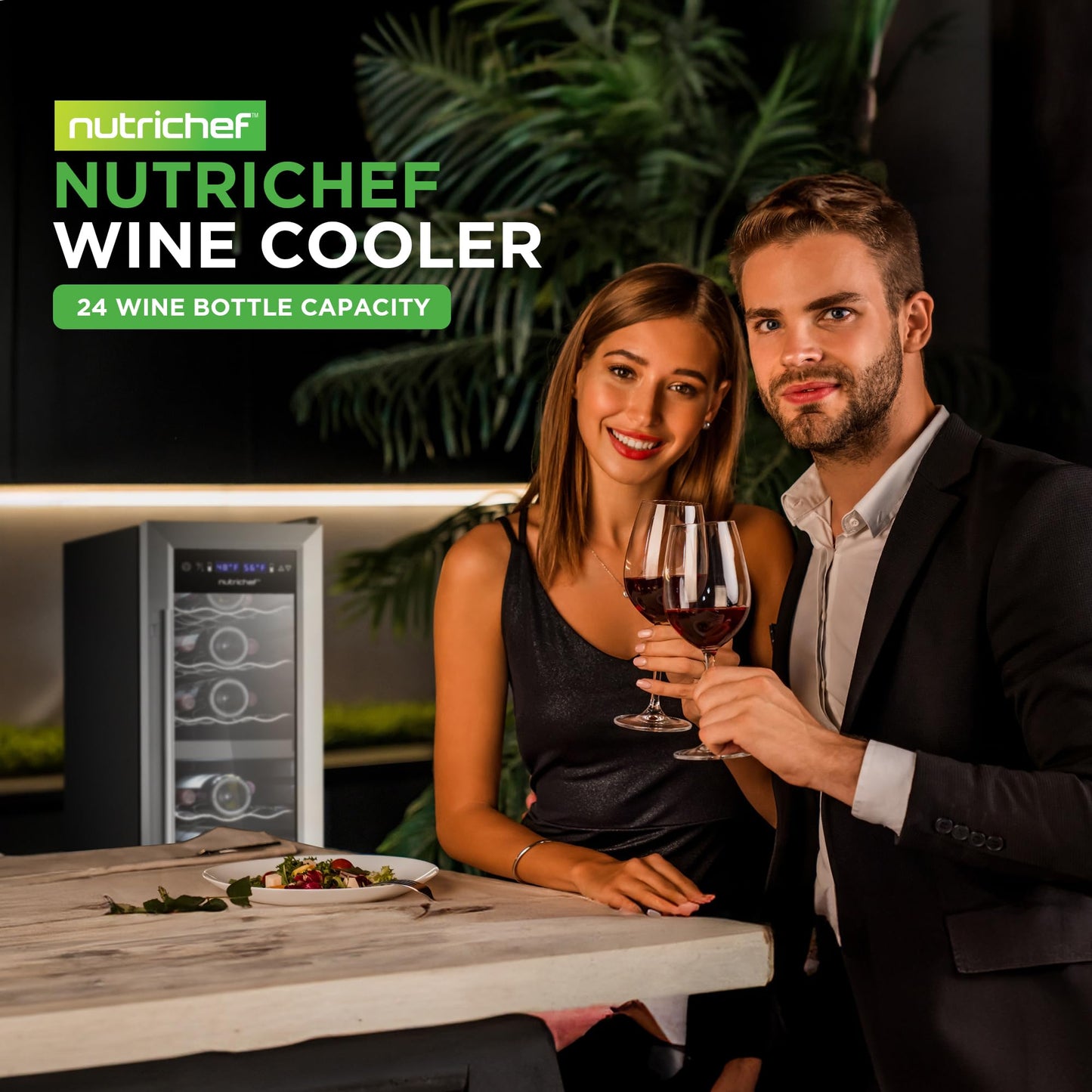 NutriChef PKCWCDS248 24 Bottle Fridge | Dual Zone Chiller | Adjustable Temperature 41°F to 64°F | Ultra Quiet Operation | Wine Cooler for Home, & Office | Free Standing 39x11x23 in (Black)