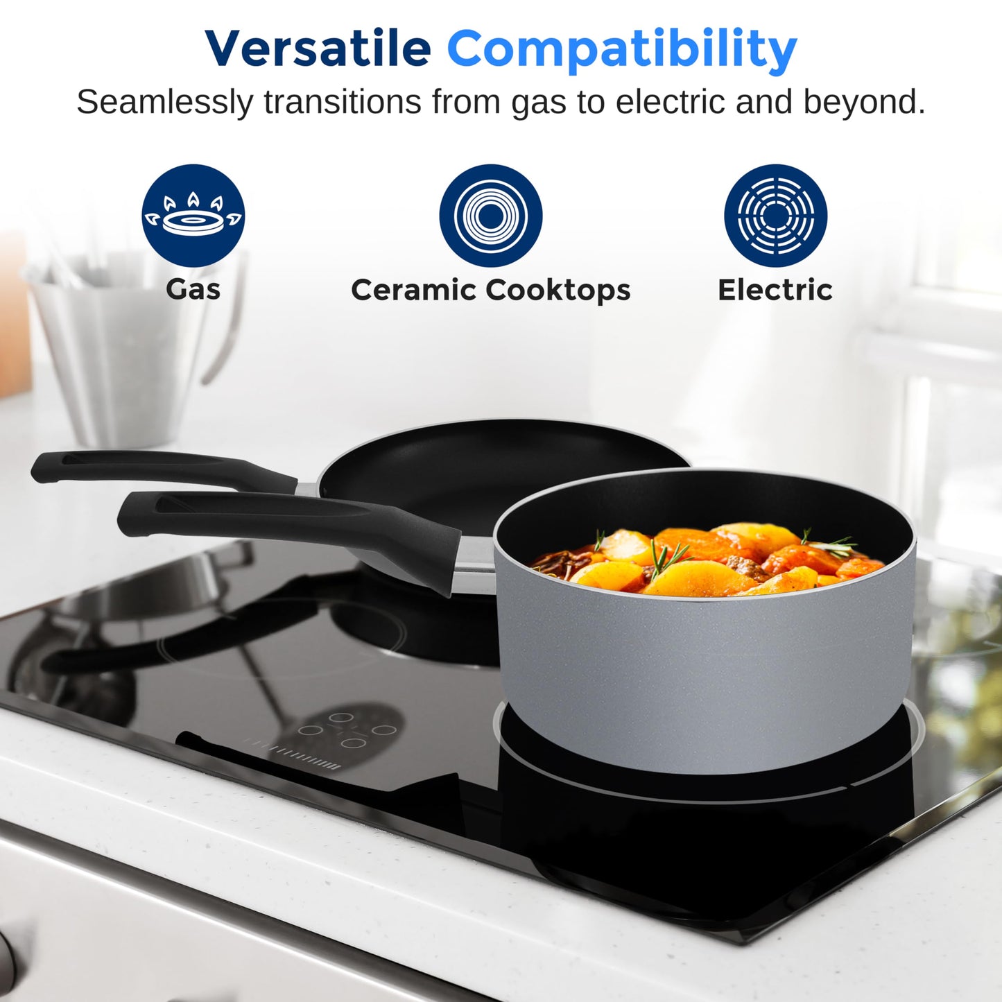 SereneLife Kitchenware Pots & Pans Basic Kitchen Cookware, Black Non-Stick Coating Inside, Heat Resistant Lacquer (11-Piece Set), One Size, Gray