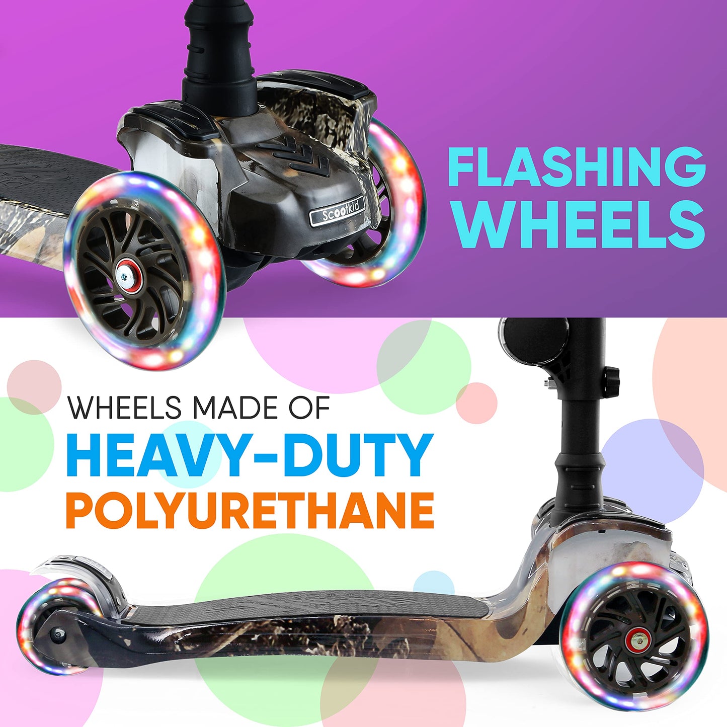 Hurtle Kids Scooter - Child Toddler Kick Scooter Toy with Foldable Seat - 3 Wheel Scooter with Adjustable Height, Anti-Slip Deck, Flashing Wheel Lights, for Boys/Girls 1-12 Year Old, Real Tree